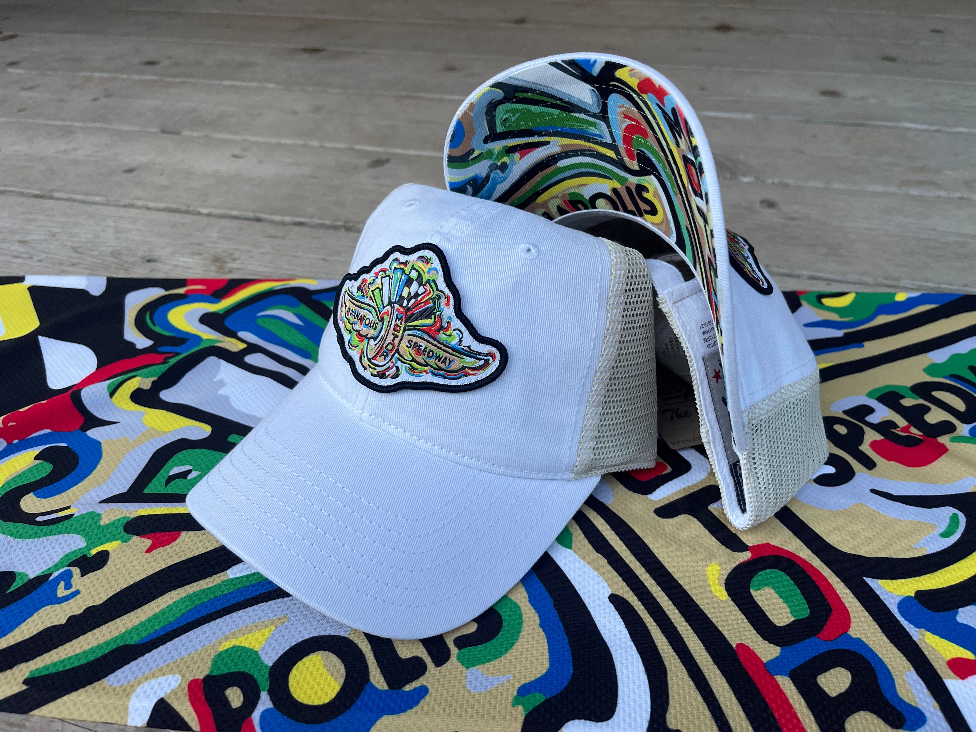 Indianapolis Motor Speedway Wing and Wheel Beach Wash Trucker Hat by Justin Patten (White Trucker)(IMS, INDY 500, Racing)