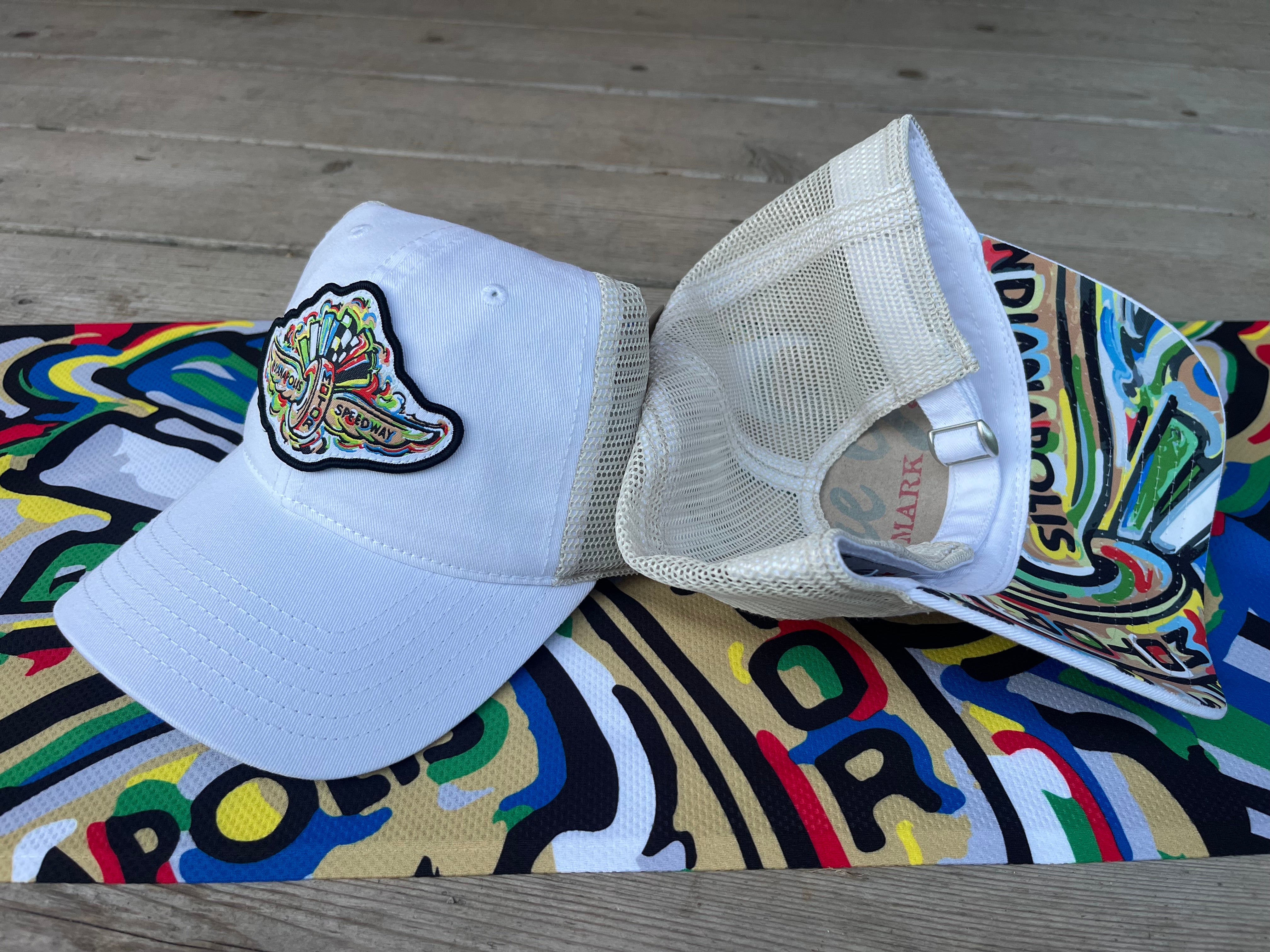 Indianapolis Motor Speedway Wing and Wheel Beach Wash Trucker Hat by Justin Patten (White Trucker)(IMS, INDY 500, Racing)