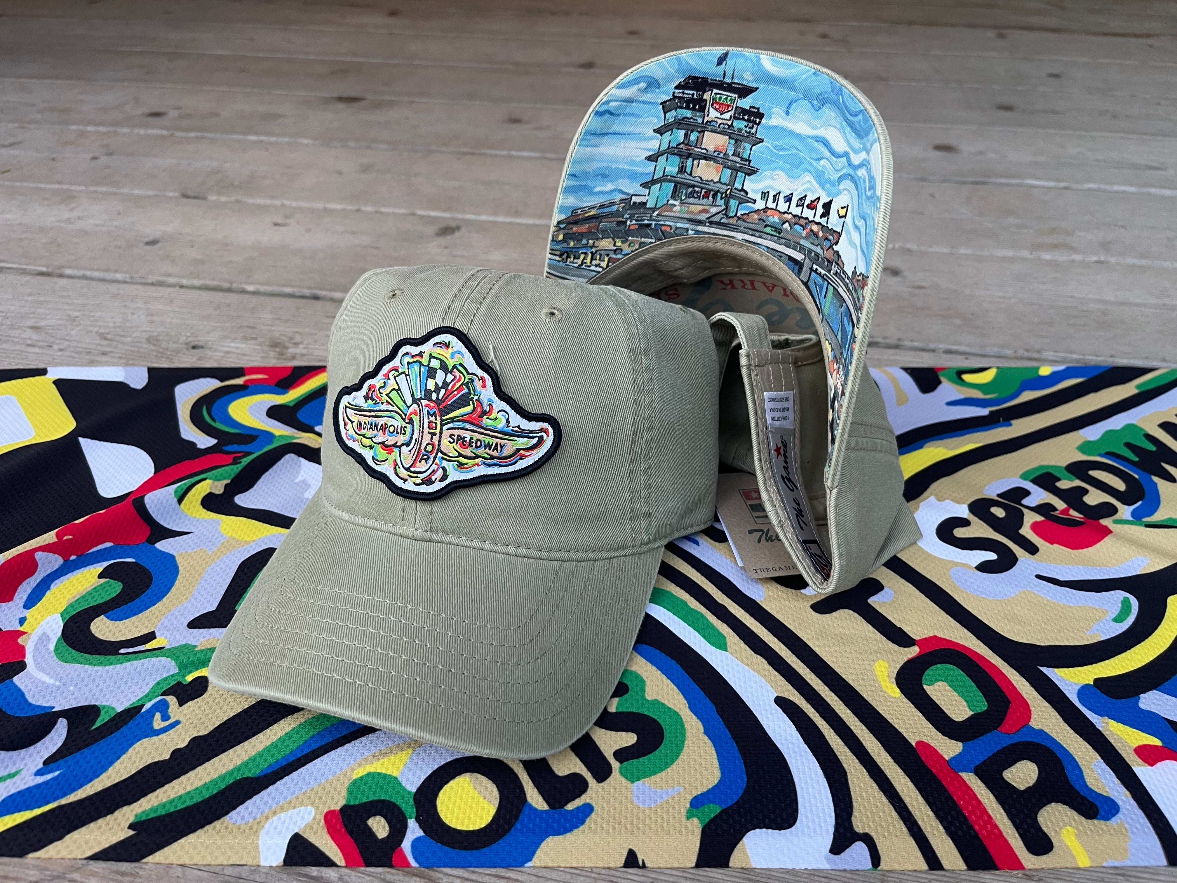 Indianapolis Motor Speedway Wing and Wheel with Straightaway Dad Hat by Justin Patten (Khaki)(IMS, INDY 500, Racing)