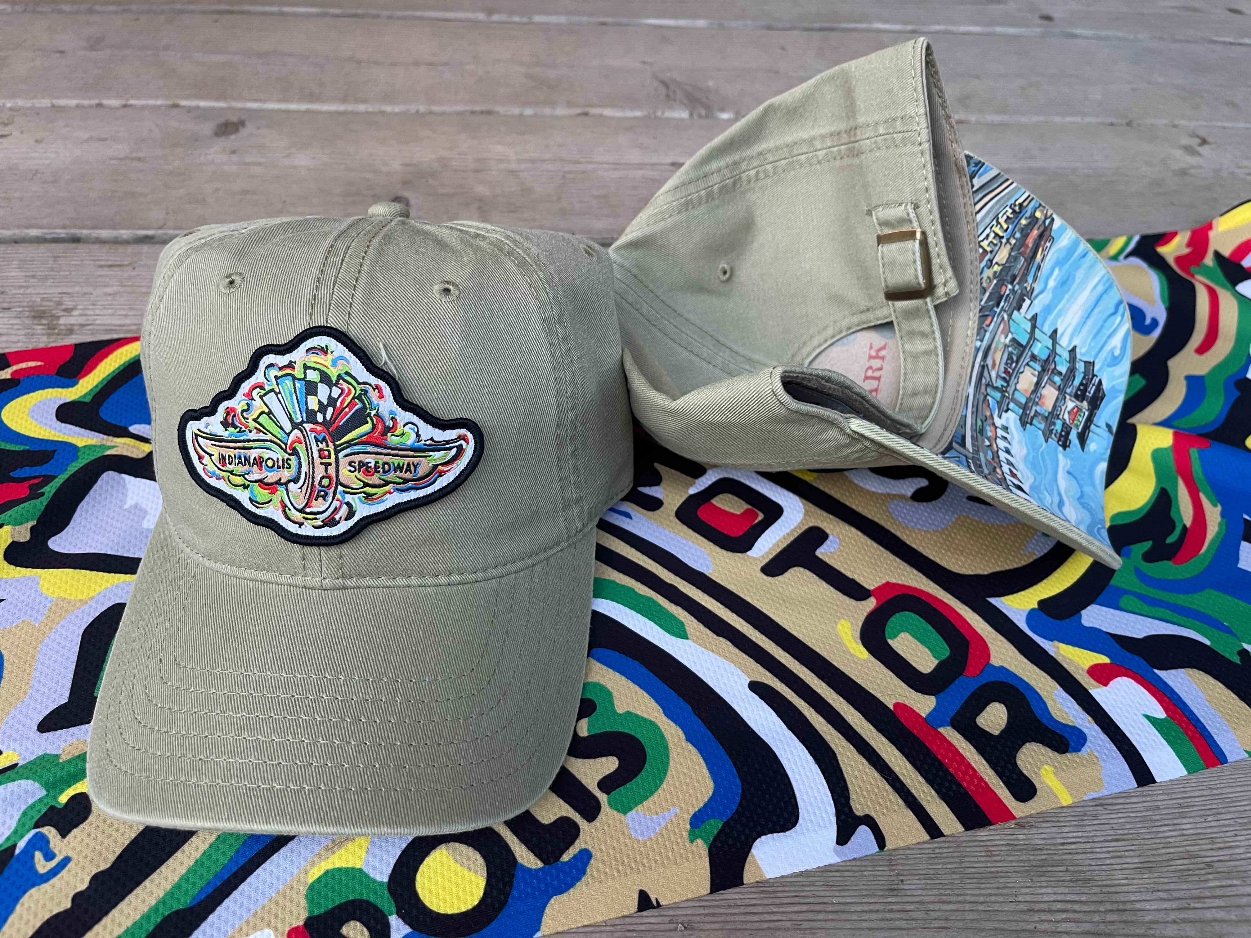 Indianapolis Motor Speedway Wing and Wheel with Straightaway Dad Hat by Justin Patten (Khaki)(IMS, INDY 500, Racing)