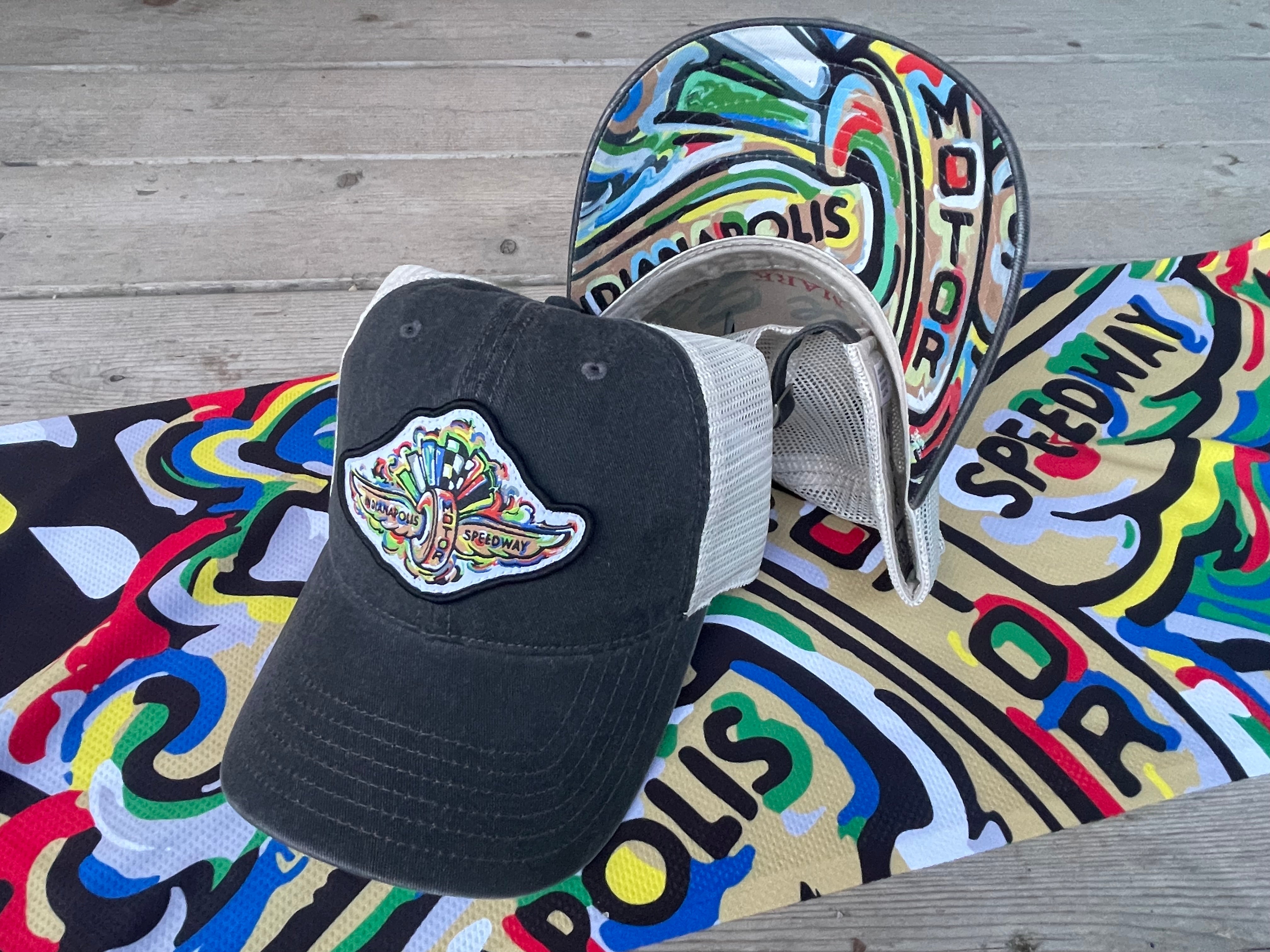 Indianapolis Motor Speedway Wing and Wheel Beach Wash Trucker Hat by Justin Patten (Black Trucker)(IMS, INDY 500, Racing)