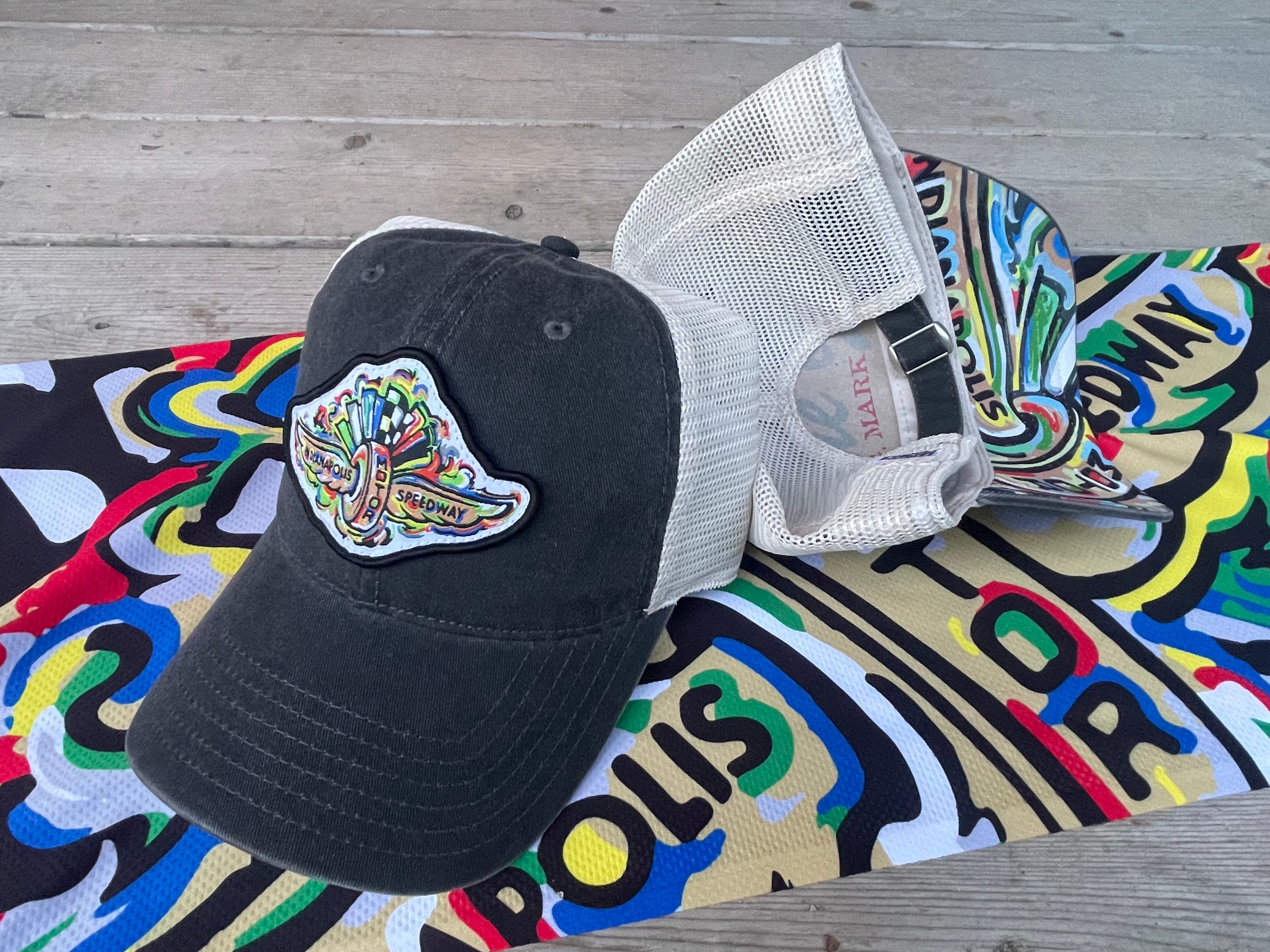 Indianapolis Motor Speedway Wing and Wheel Beach Wash Trucker Hat by Justin Patten (Black Trucker)(IMS, INDY 500, Racing)