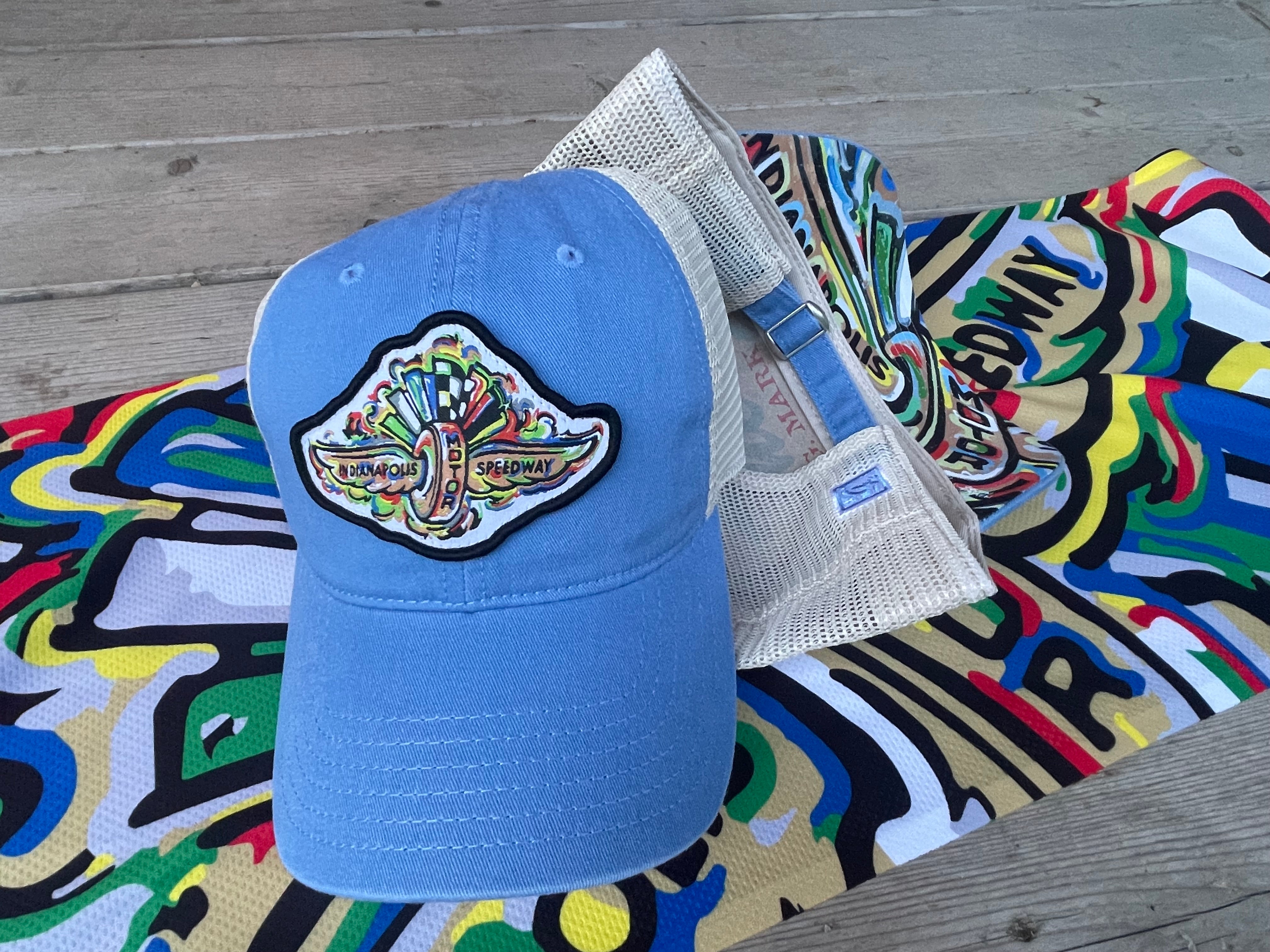 Indianapolis Motor Speedway Wing and Wheel Beach Wash Trucker Hat by Justin Patten (Blue Trucker)(IMS, INDY 500, Racing)