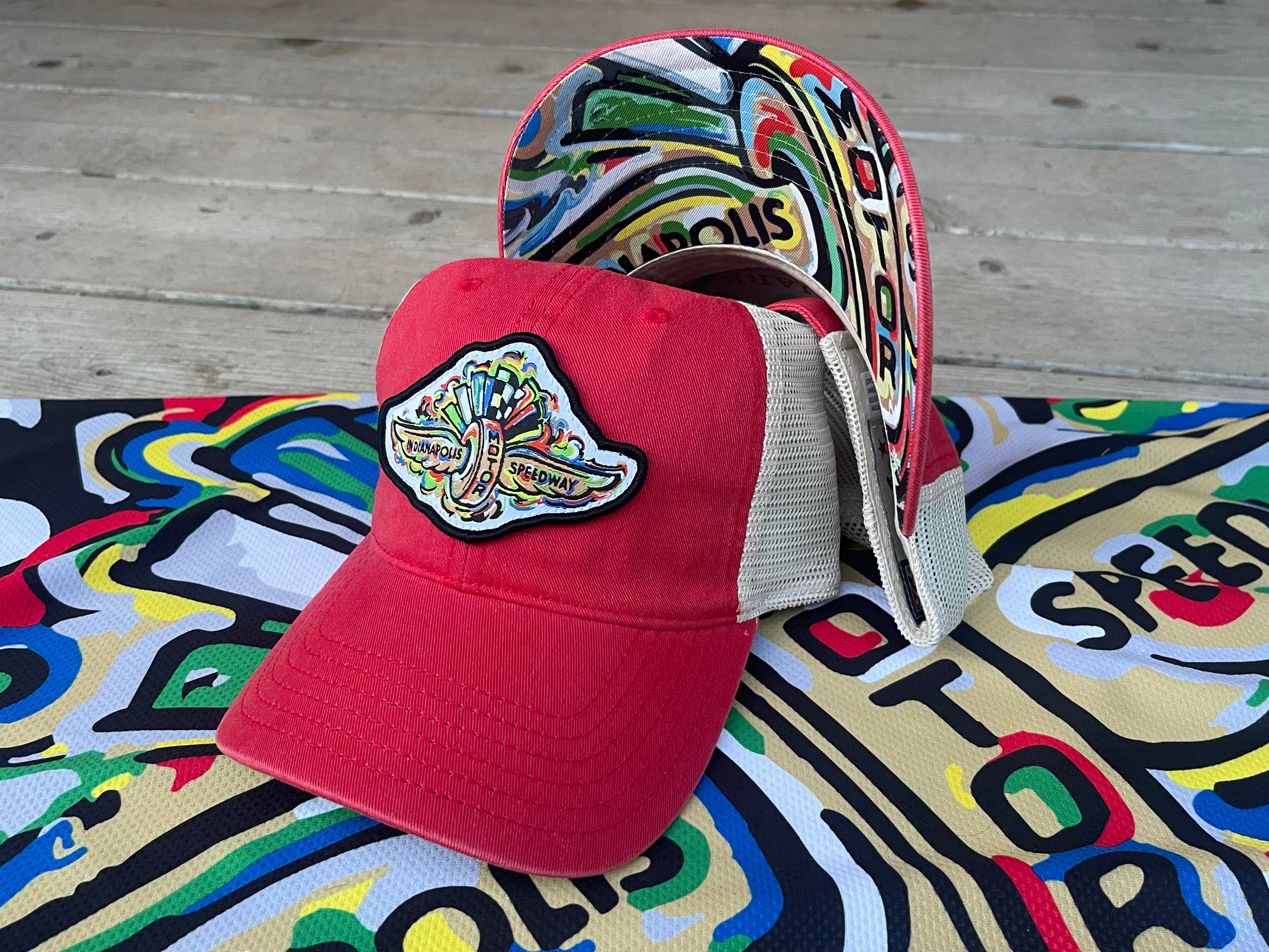 Indianapolis Motor Speedway Wing and Wheel Beach Wash Trucker Hat by Justin Patten (Red Trucker)(IMS, INDY 500, Racing)