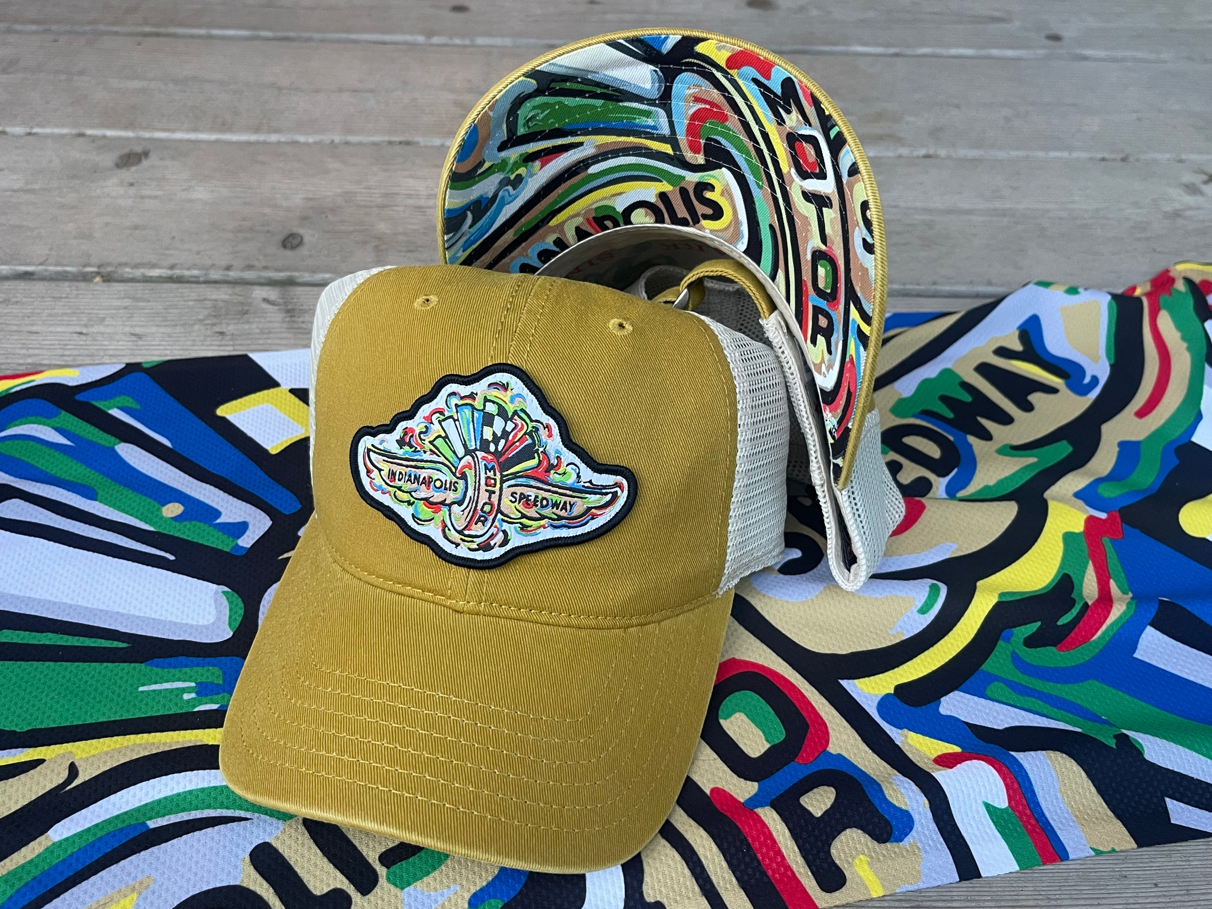 Indianapolis Motor Speedway Wing and Wheel Beach Wash Trucker Hat by Justin Patten (Gold Trucker)(IMS, INDY 500, Racing)