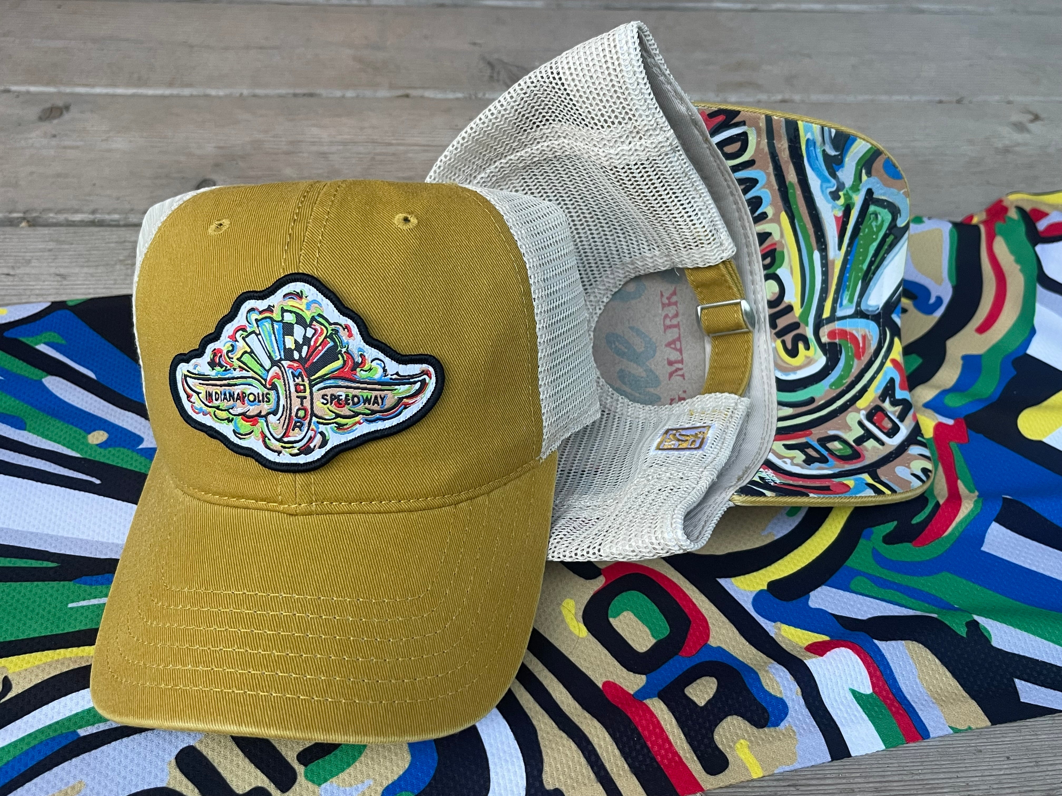 Indianapolis Motor Speedway Wing and Wheel Beach Wash Trucker Hat by Justin Patten (Gold Trucker)(IMS, INDY 500, Racing)