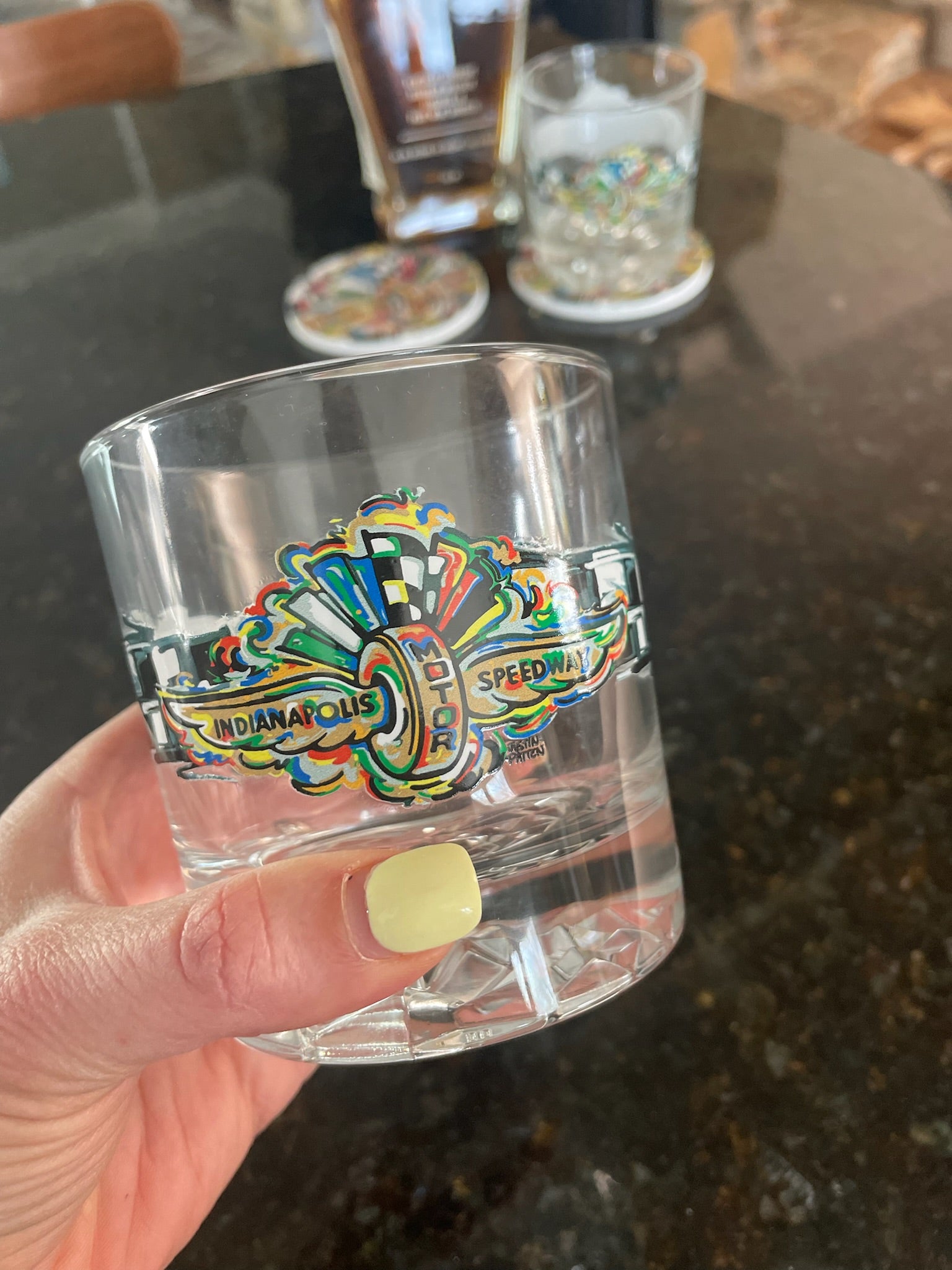 Indianapolis Motor Speedway Rocks Glass by Justin Patten (One) (IMS, Indy 500, Pagoda, Wing and Wheel)
