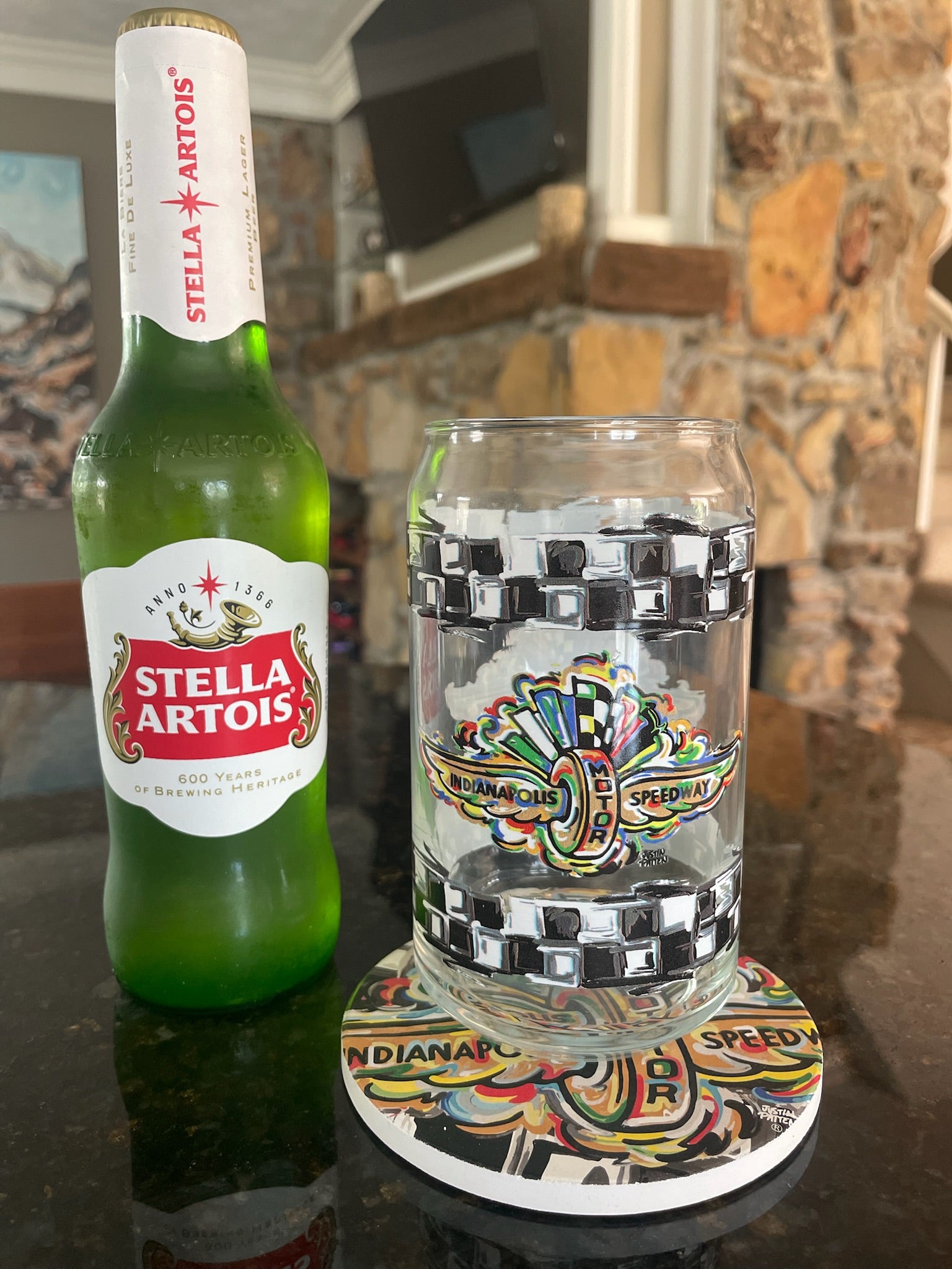 Indianapolis Motor Speedway Can Glass by Justin Patten (IMS, Indy 500, Pagoda, Wing and Wheel)