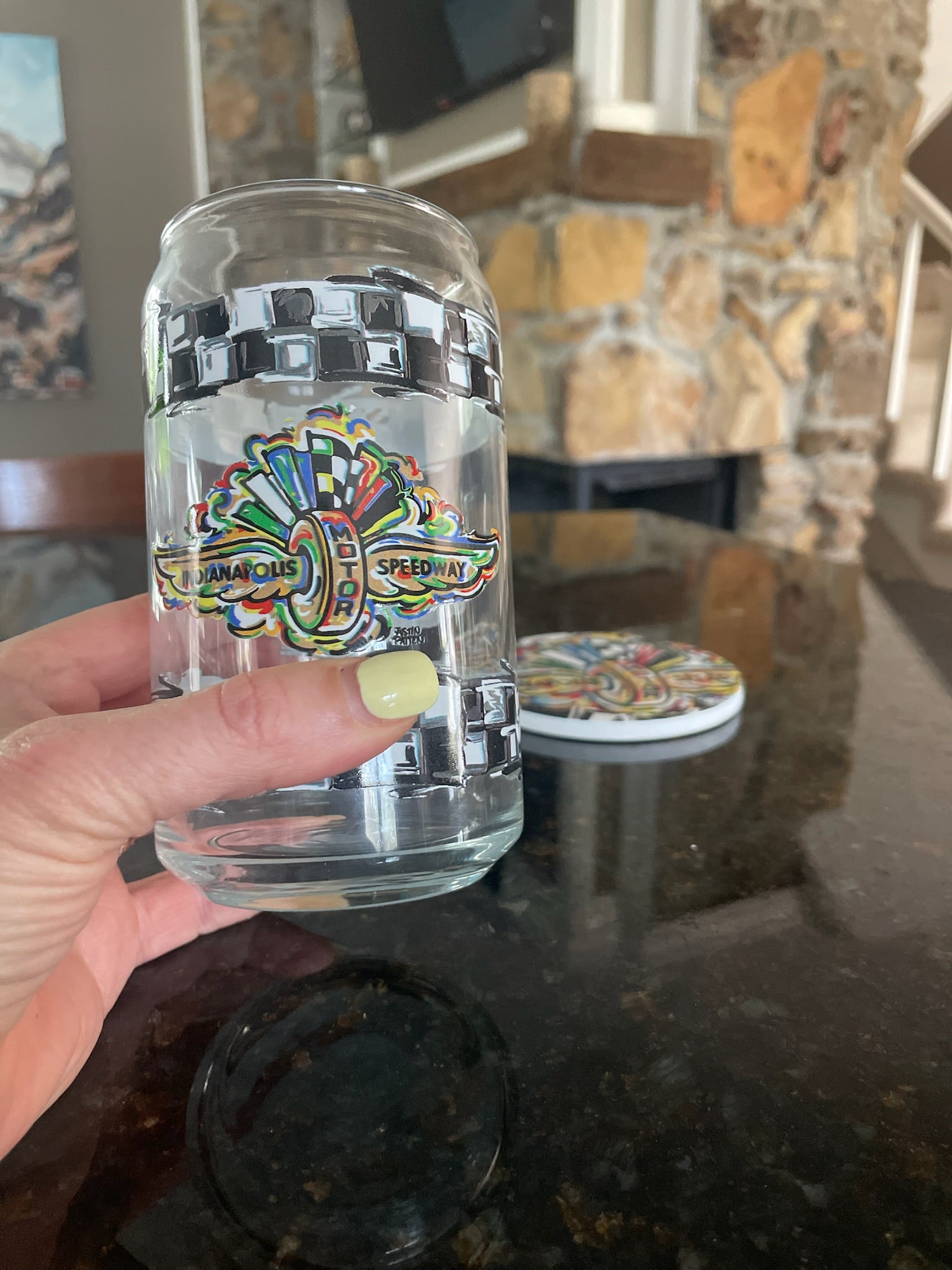 Indianapolis Motor Speedway Can Glass by Justin Patten (IMS, Indy 500, Pagoda, Wing and Wheel)