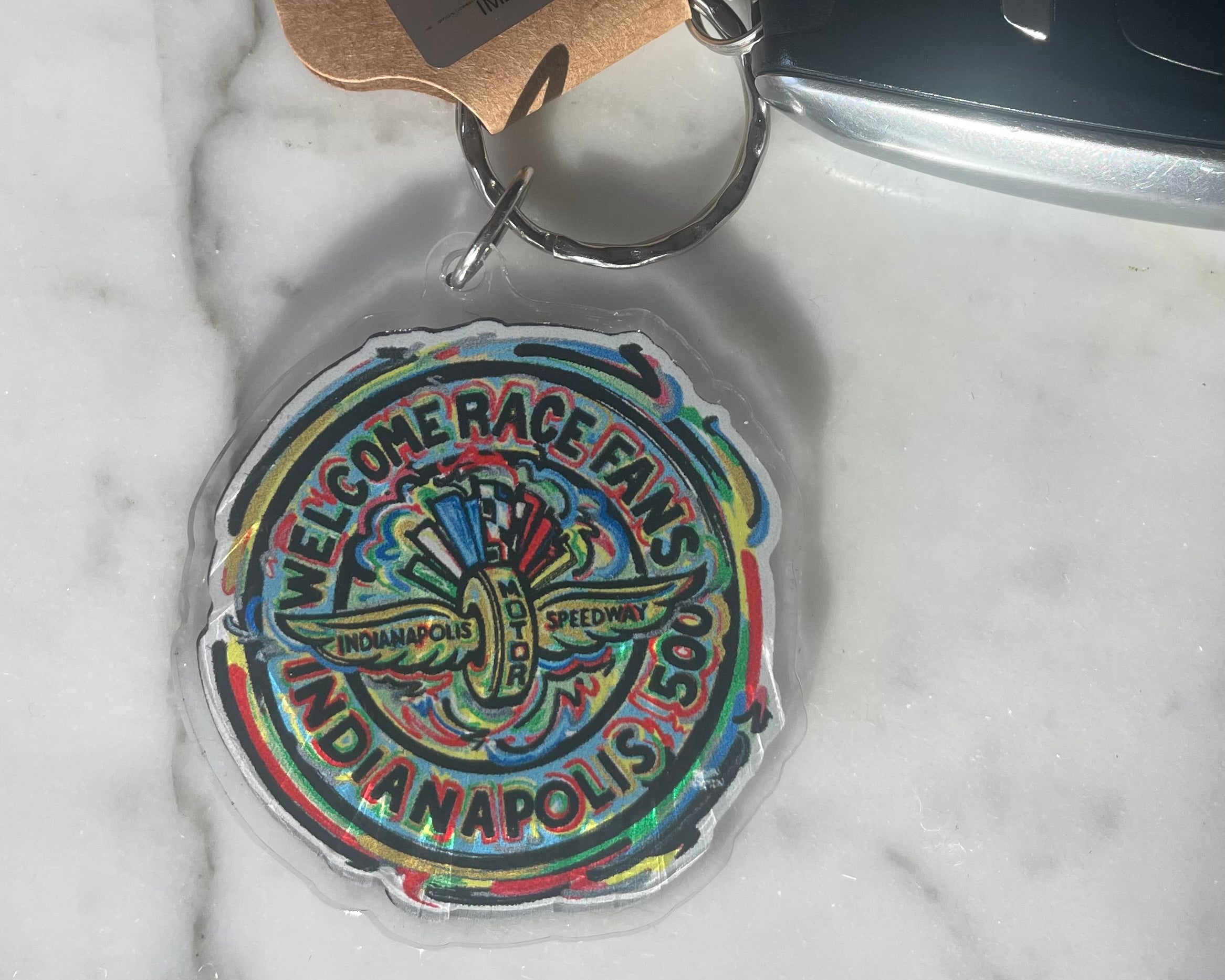 Indianapolis Motor Speedway Welcome Race Fans Acrylic Keychain by Justin Patten (IMS, INDY 500, Racing Fan, Indy Car)
