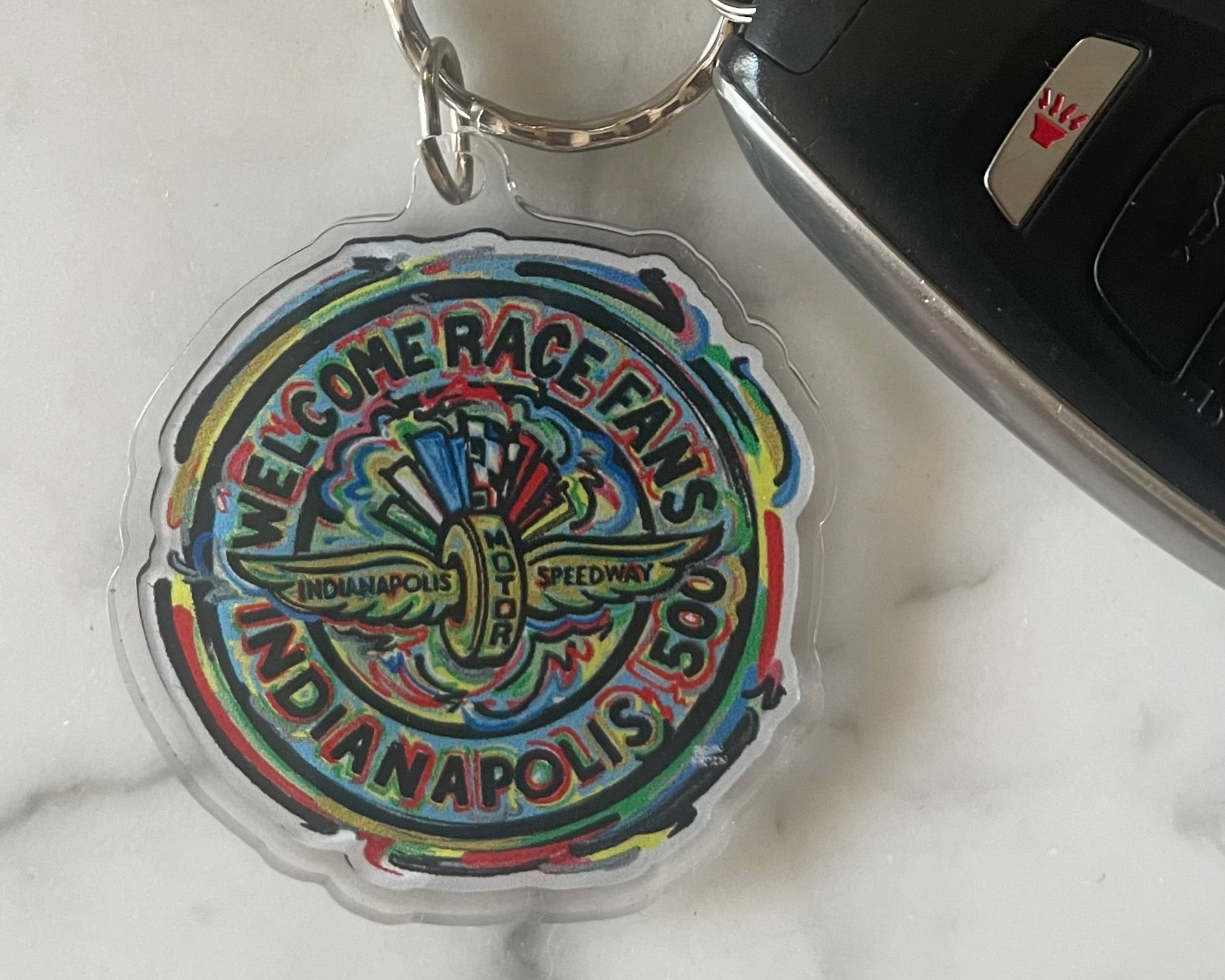 Indianapolis Motor Speedway Welcome Race Fans Acrylic Keychain by Justin Patten (IMS, INDY 500, Racing Fan, Indy Car)