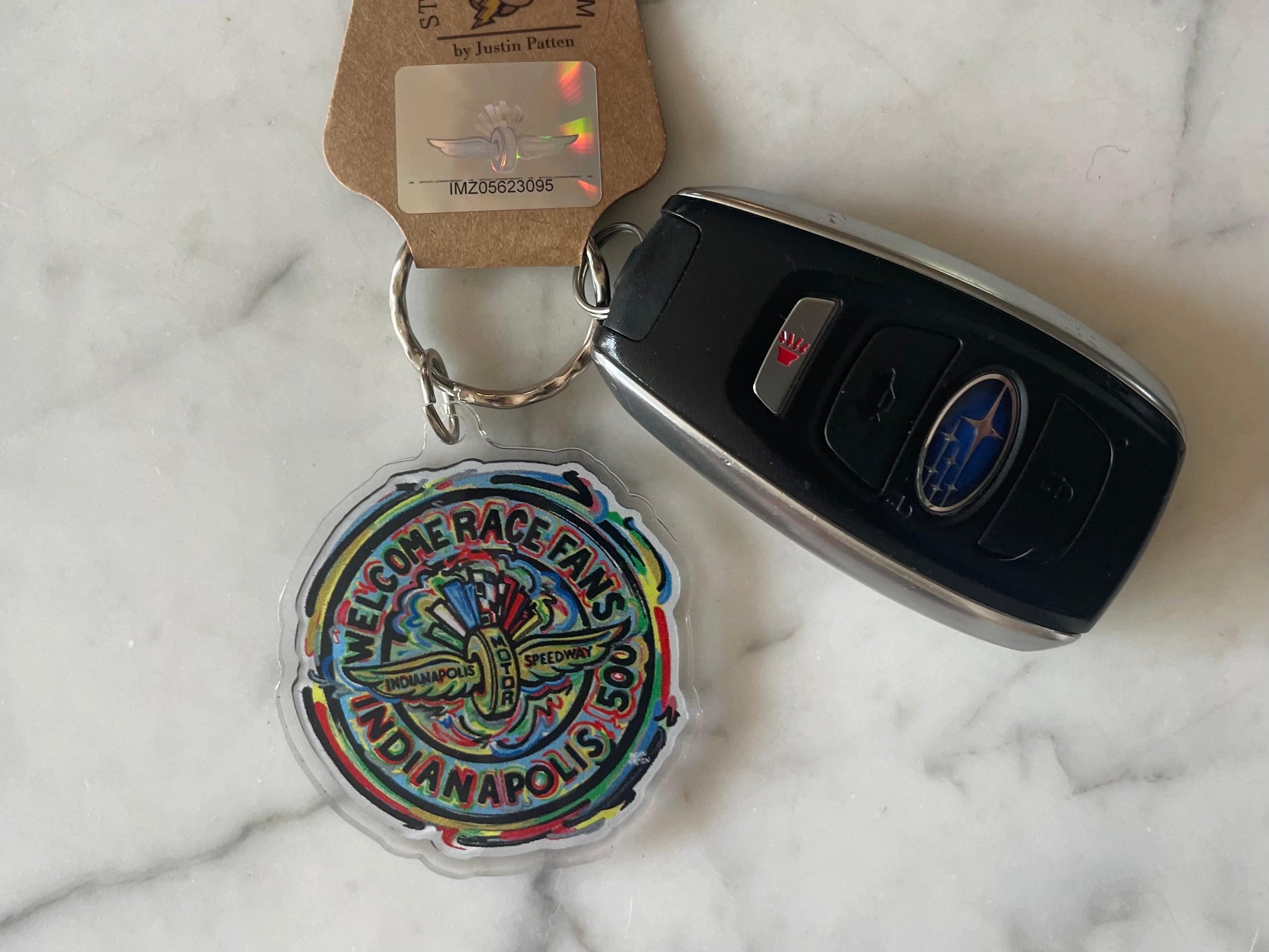 Indianapolis Motor Speedway Welcome Race Fans Acrylic Keychain by Justin Patten (IMS, INDY 500, Racing Fan, Indy Car)