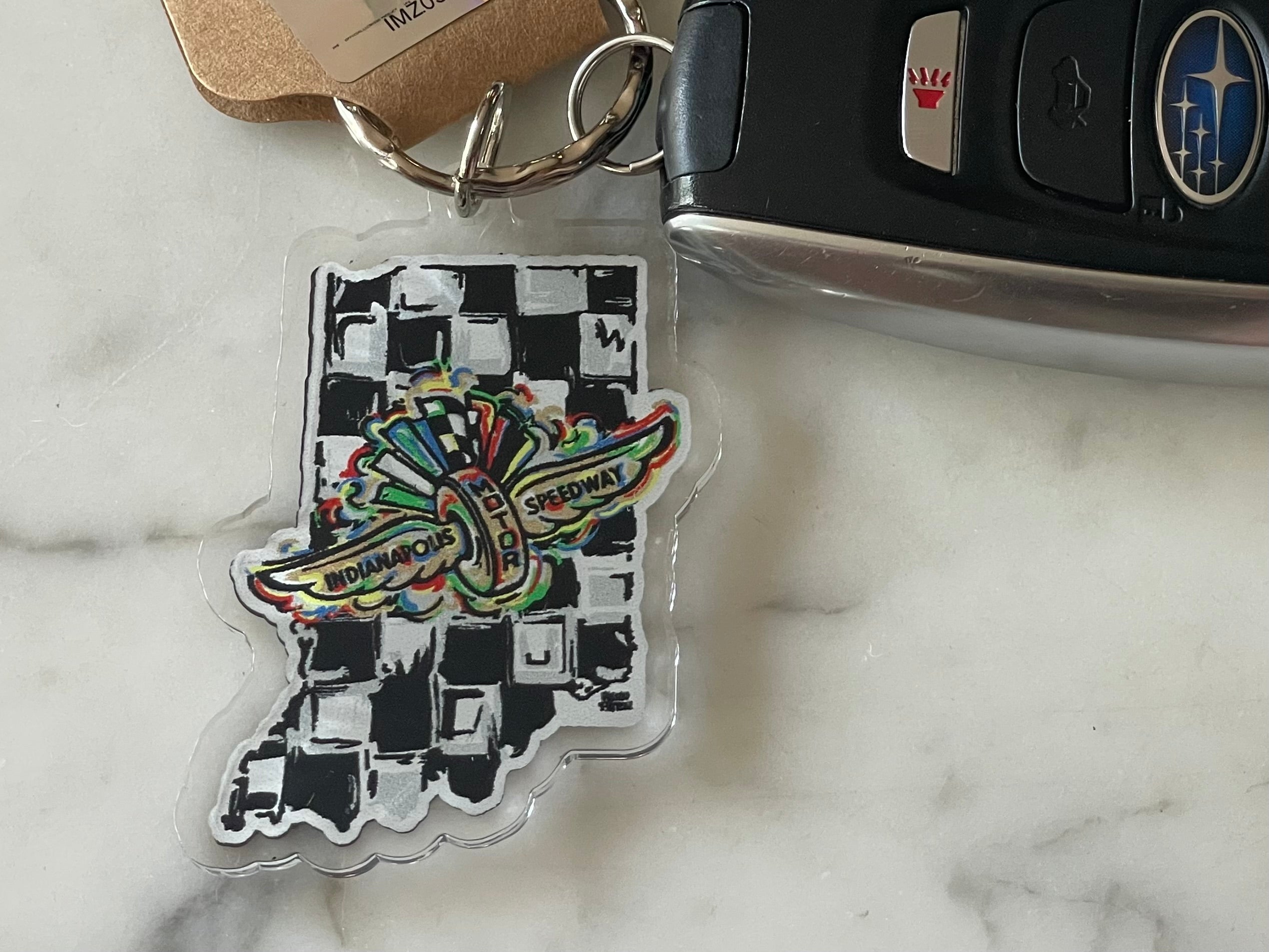 Indianapolis Motor Speedway Indiana State Shape Acrylic Keychain by Justin Patten (IMS, INDY 500, Racing Fan, Indy Car)