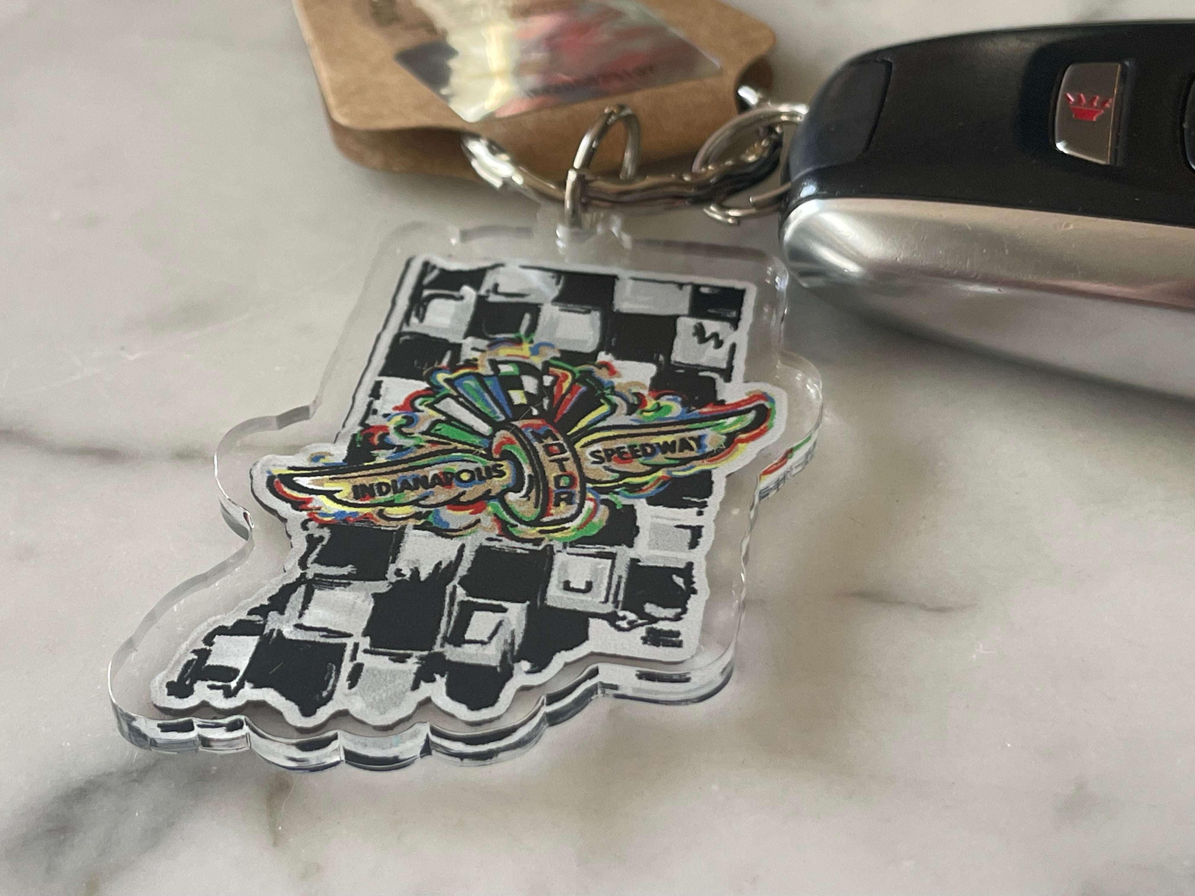 Indianapolis Motor Speedway Indiana State Shape Acrylic Keychain by Justin Patten (IMS, INDY 500, Racing Fan, Indy Car)