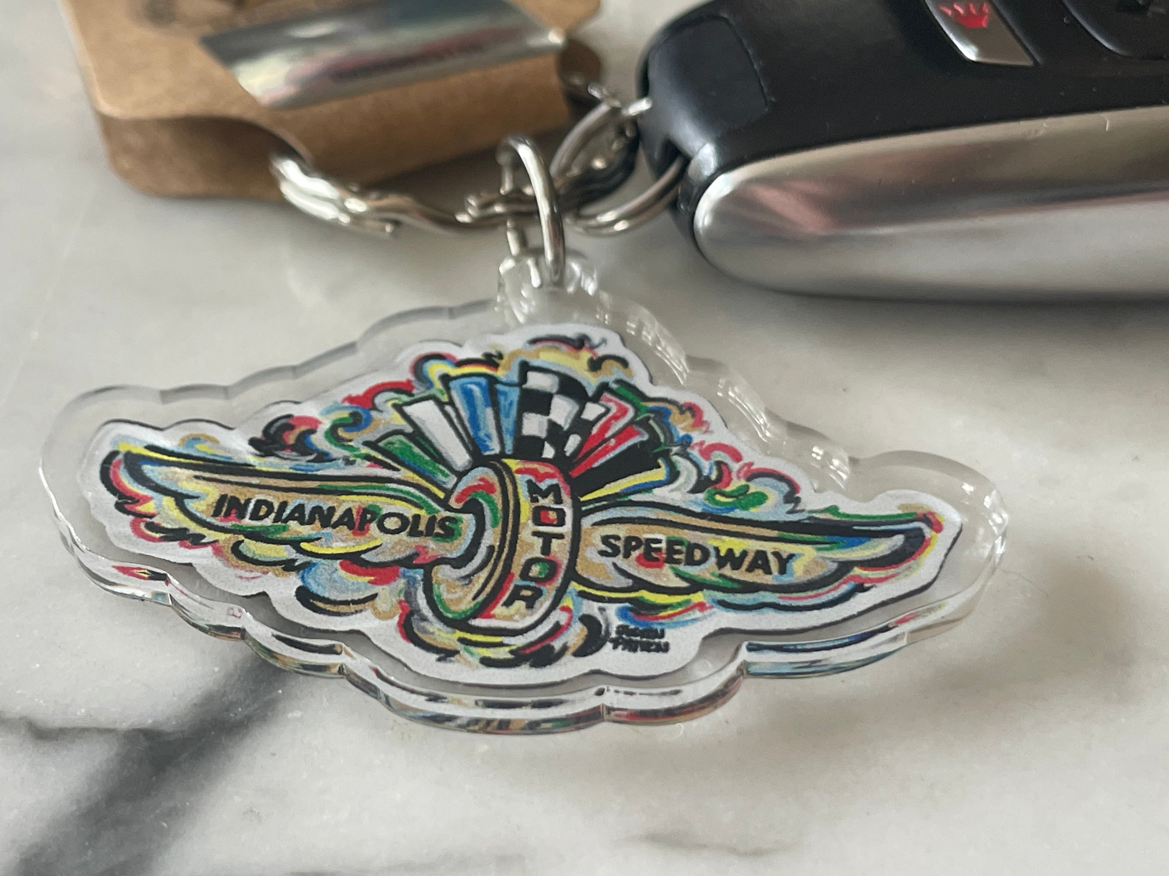 Indianapolis Motor Speedway Wing and Wheel Acrylic Keychain by Justin Patten (IMS, INDY 500, Racing Fan, Indy Car)