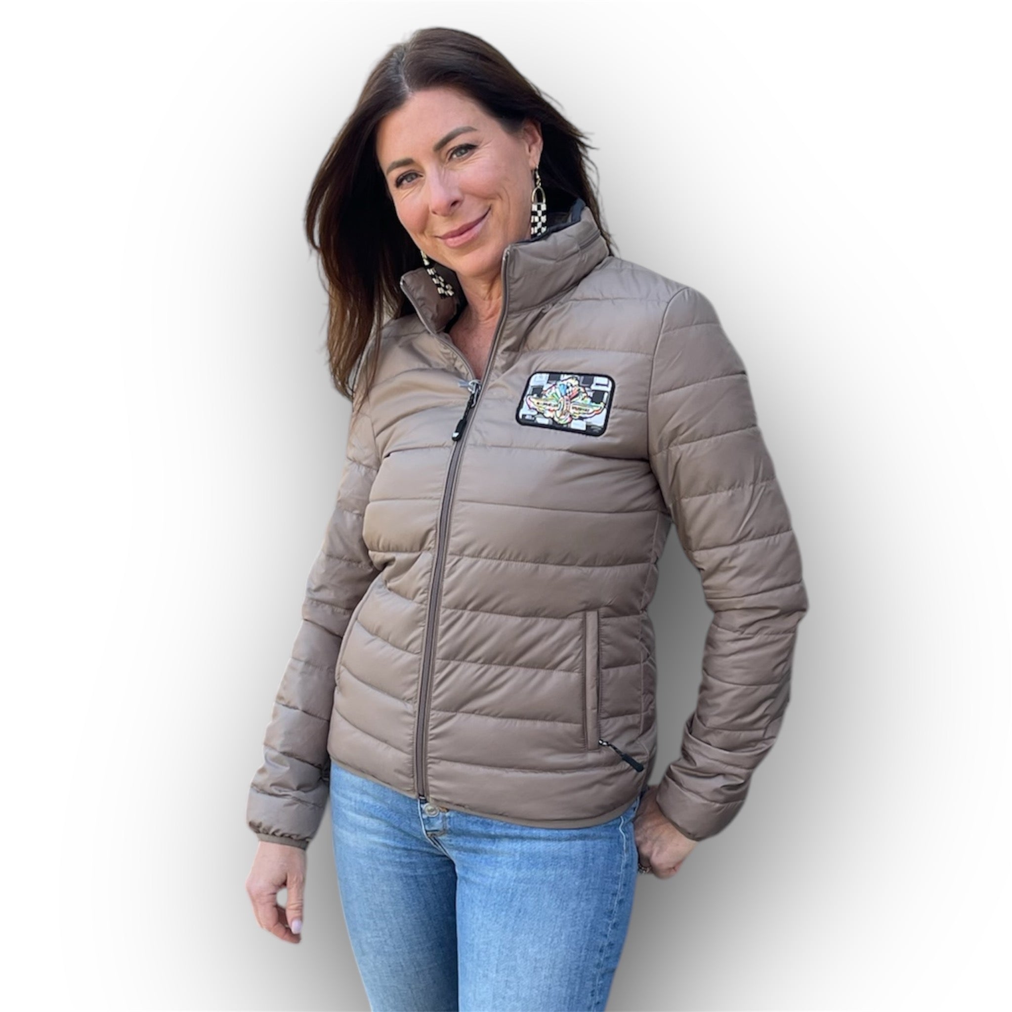 Indianapolis Motor Speedway Wing and Wheel Women's Zip Up Packable Jacket by Justin Patten (Copper) (Women's)