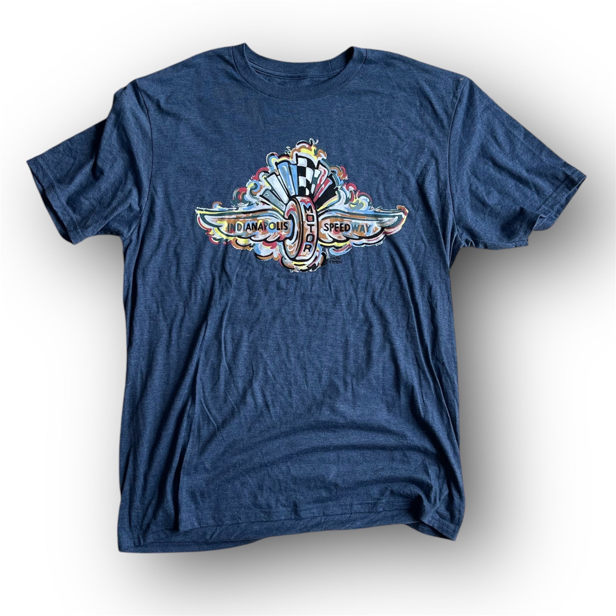 Indianapolis Motor Speedway Wing and Wheel Tee by Justin Patten (Navy Heather)
