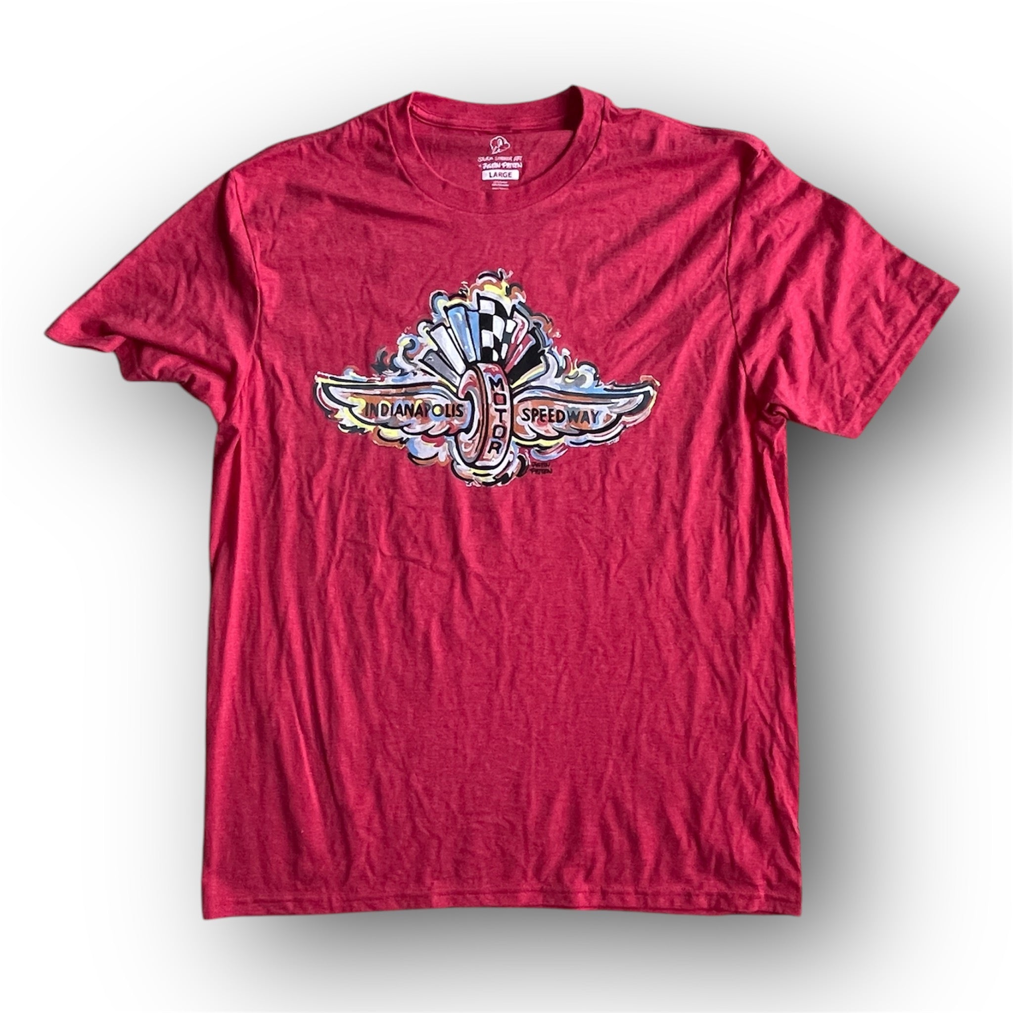 Indianapolis Motor Speedway Wing and Wheel Tee by Justin Patten (Red Heather)