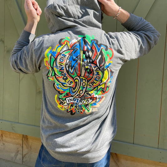 Indianapolis Motor Speedway Motion Wing and Wheel Long Sleeve Hooded Zip Up Tee by Justin Patten (IMS, lightweight, INDY 500)