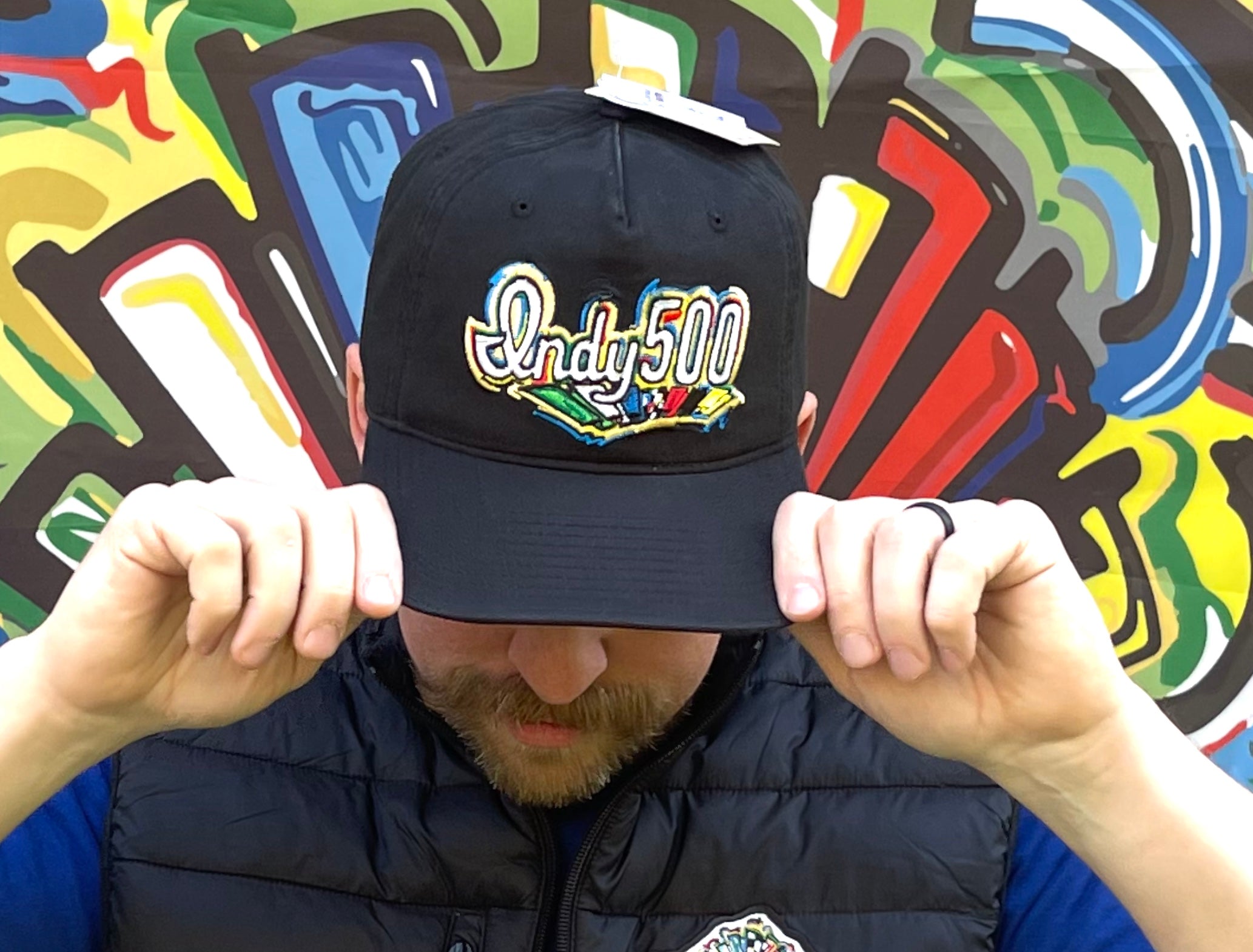 Indianapolis Motor Speedway Indy 500 Script Hat by Justin Patten (Black Bill) (IMS, Indy 500, Is it May)