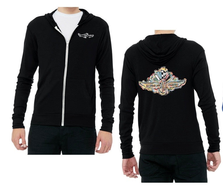 Indianapolis Motor Speedway Wing and Wheel Long Sleeve Hooded Zip Up Fleece by Justin Patten