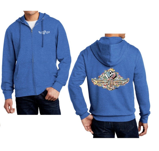Indianapolis Motor Speedway Wing and Wheel Long Sleeve Hooded Zip Up Fleece in Blue by Justin Patten