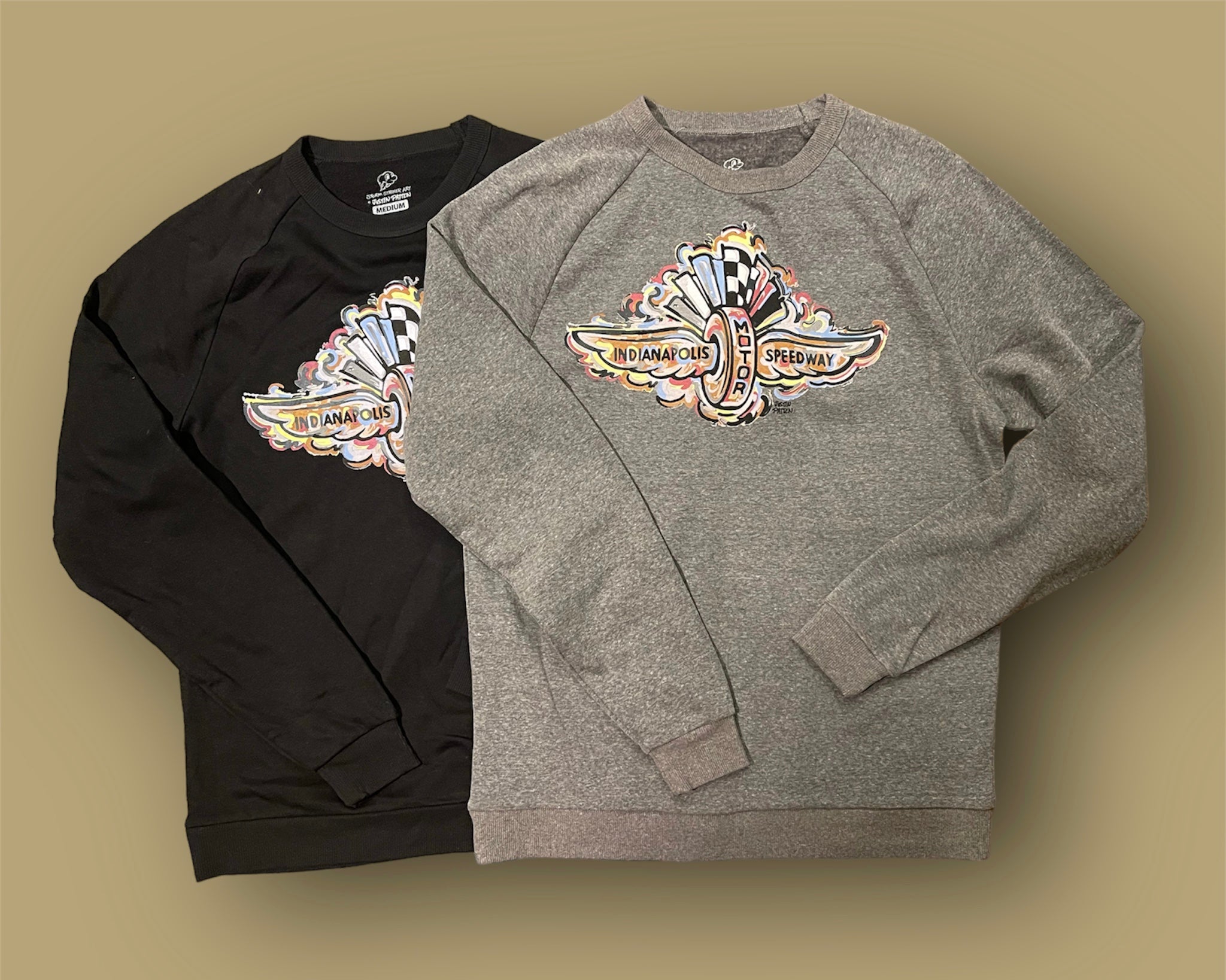 Indianapolis Motor Speedway Wing and Wheel Black Tribled Unisex Crew by Justin Patten