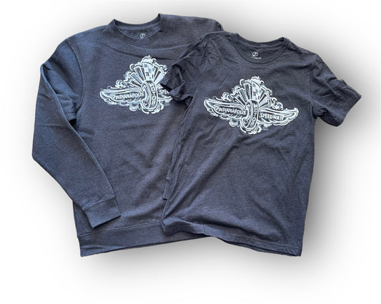 Indianapolis Motor Speedway Wing and Wheel "Smoke" Tee and Crew by Justin Patten
