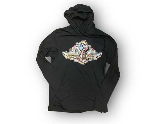 Indianapolis Motor Speedway Wing and Wheel Long Sleeve Hooded Tee by Justin Patten
