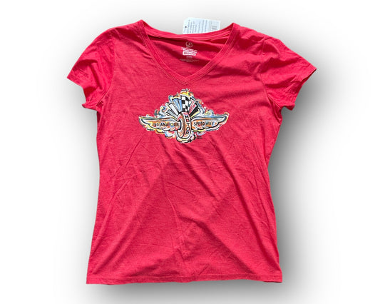 Indianapolis Motor Speedway Wing and Wheel Women's Red V-Neck Tee by Justin Patten