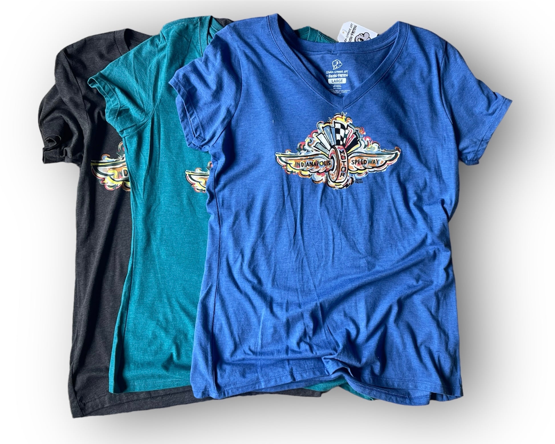Indianapolis Motor Speedway Wing and Wheel Women's V-Neck Tee by Justin Patten (3 Colors)