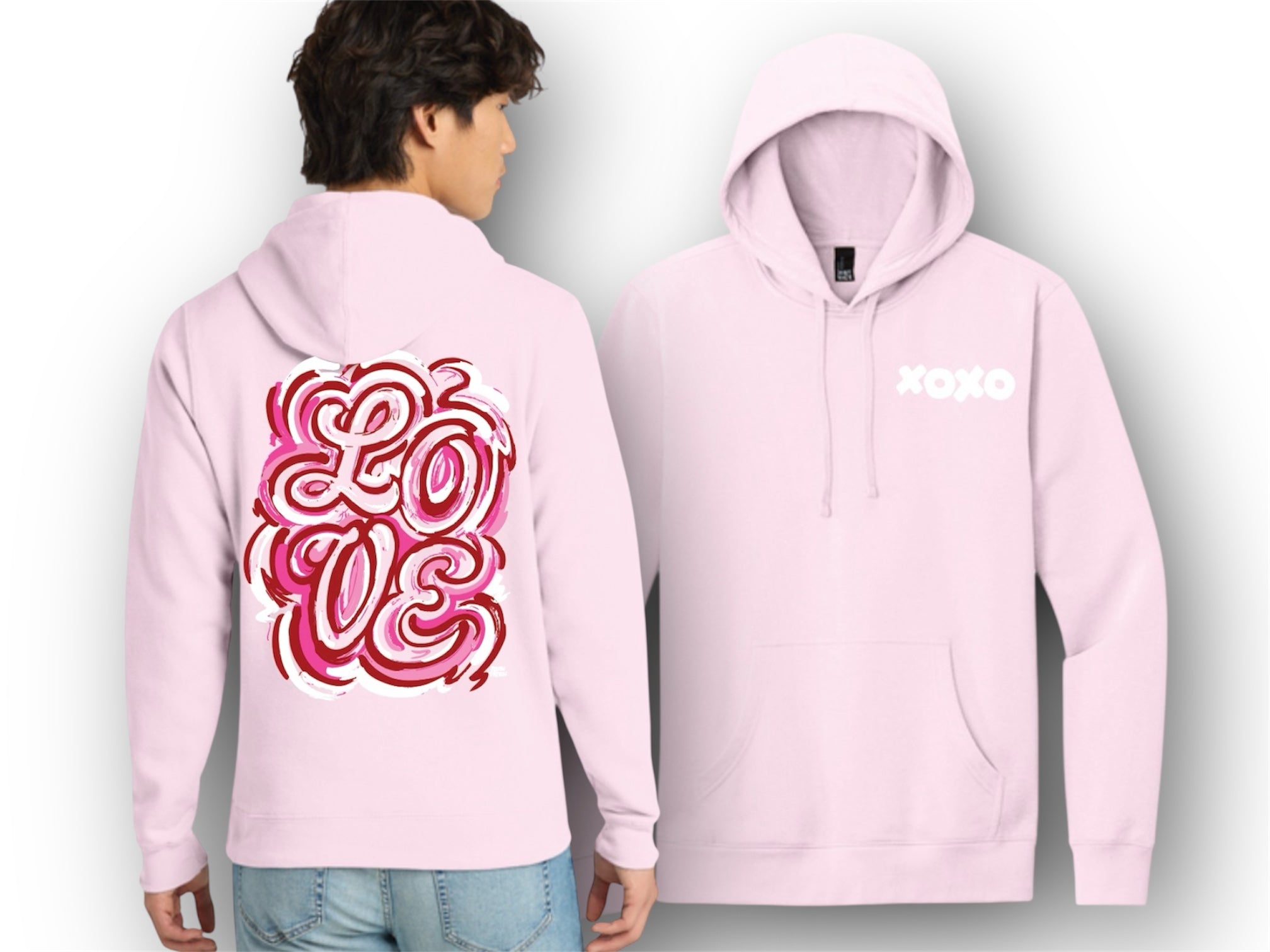 Valentine's Day Shy Pink Unisex Fleece Hoodie by Justin Patten (Love, Valentine, Heart, XOXO)