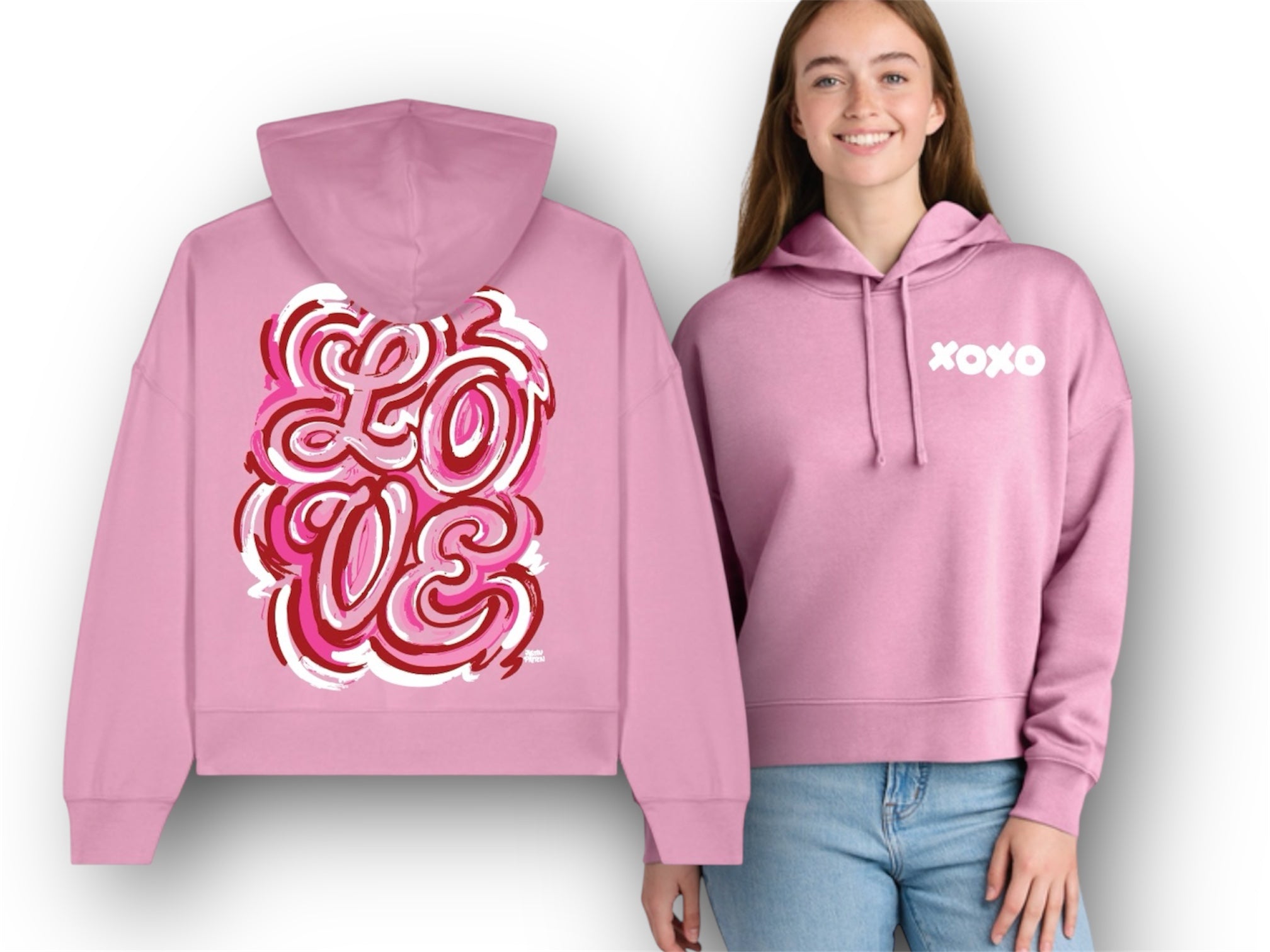 Valentine's Day Bubble Gum Pink Women's Fleece Hoodie by Justin Patten (Love, Valentine, Heart, XOXO)