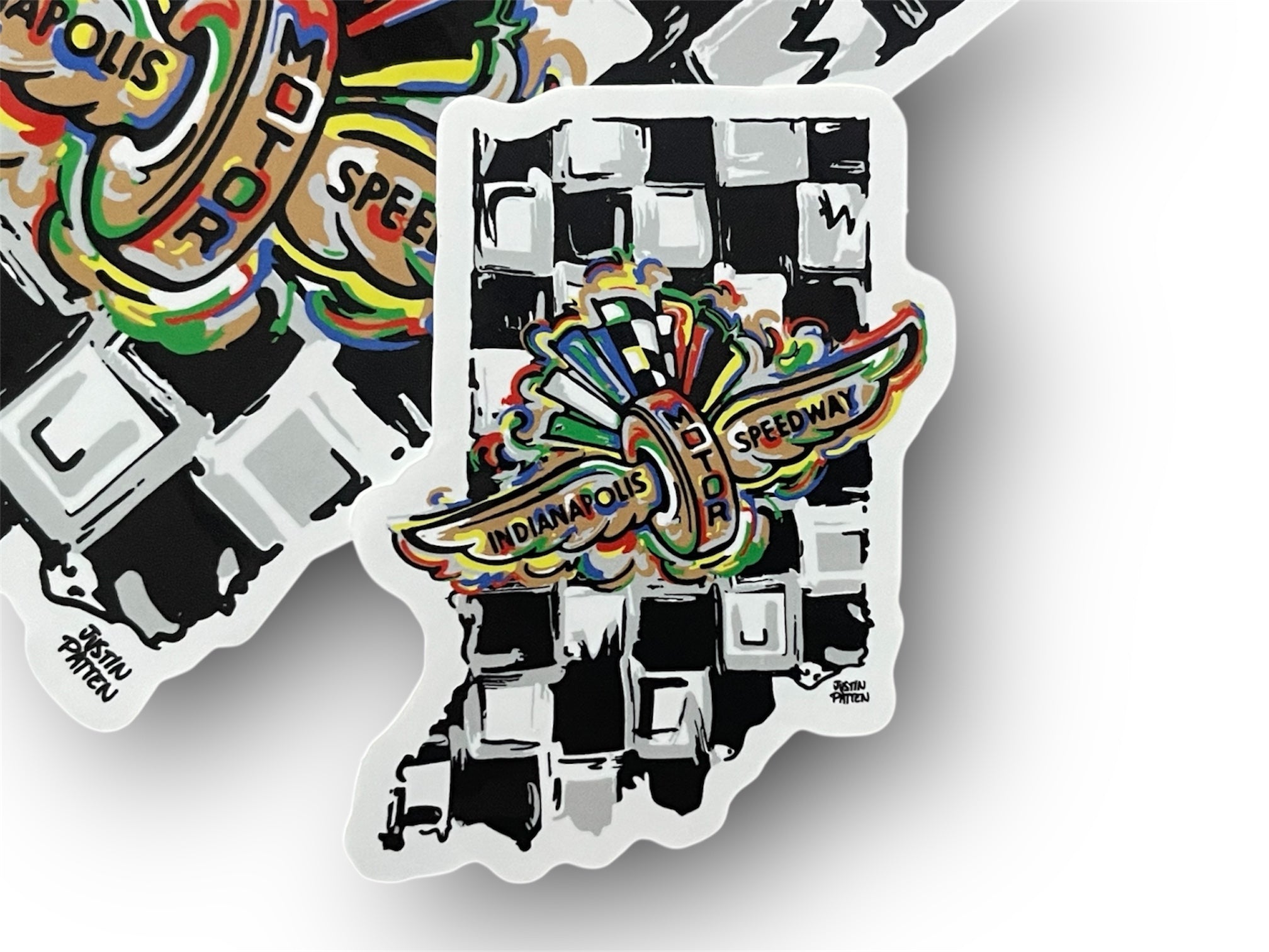 Indianapolis Motor Speedway Wing and Wheel Indiana Shape Mini Vinyl Sticker by Justin Patten (IMS, Indy 500, Pagoda, Wing and Wheel)