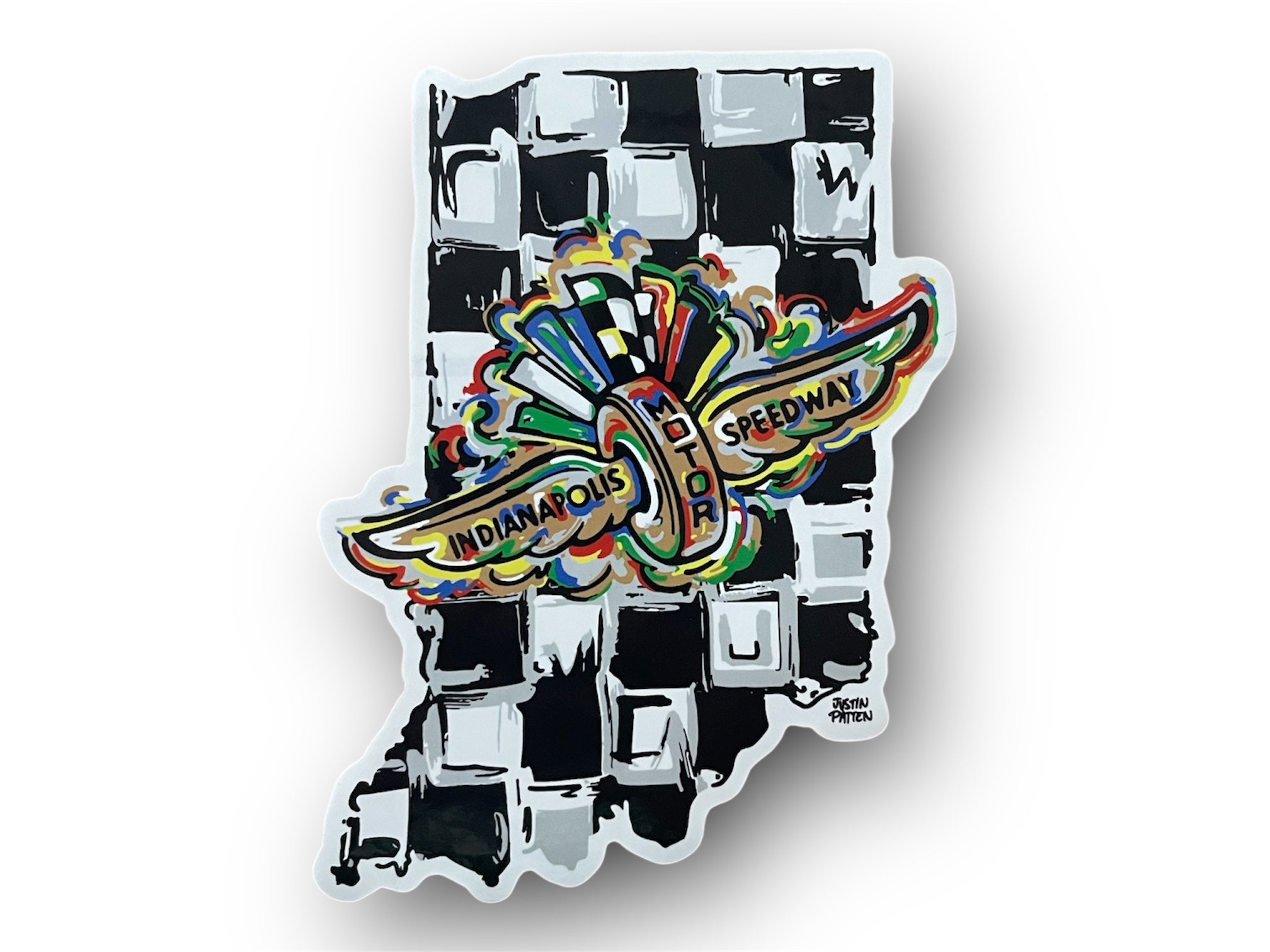Indianapolis Motor Speedway Wing and Wheel Indiana Shape Vinyl Sticker by Justin Patten (IMS, Indy 500, Pagoda, Wing and Wheel)