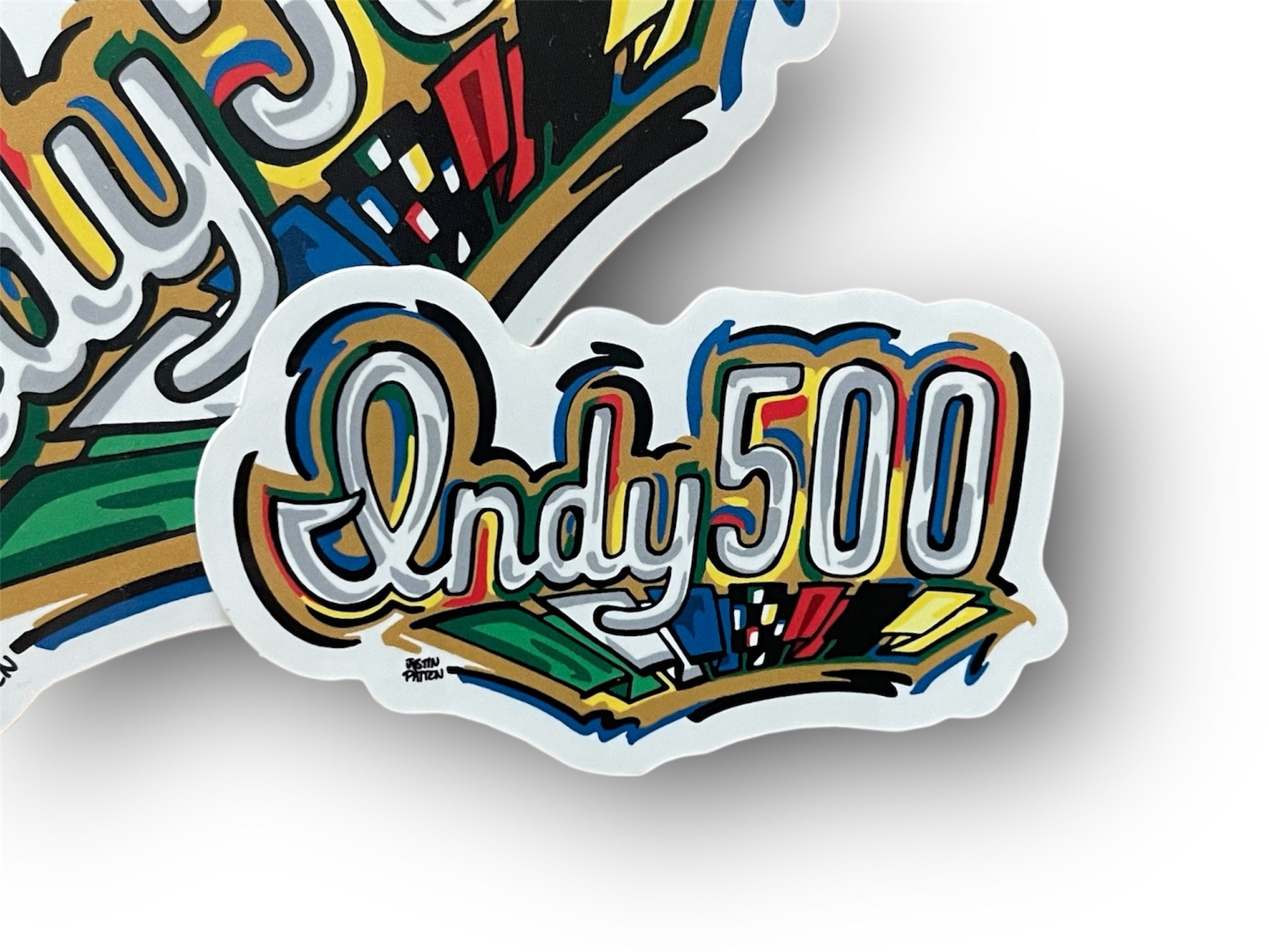 Indianapolis Motor Speedway Indy 500 Script Mini Vinyl Sticker by Justin Patten (IMS, Indy 500, Pagoda, Wing and Wheel)
