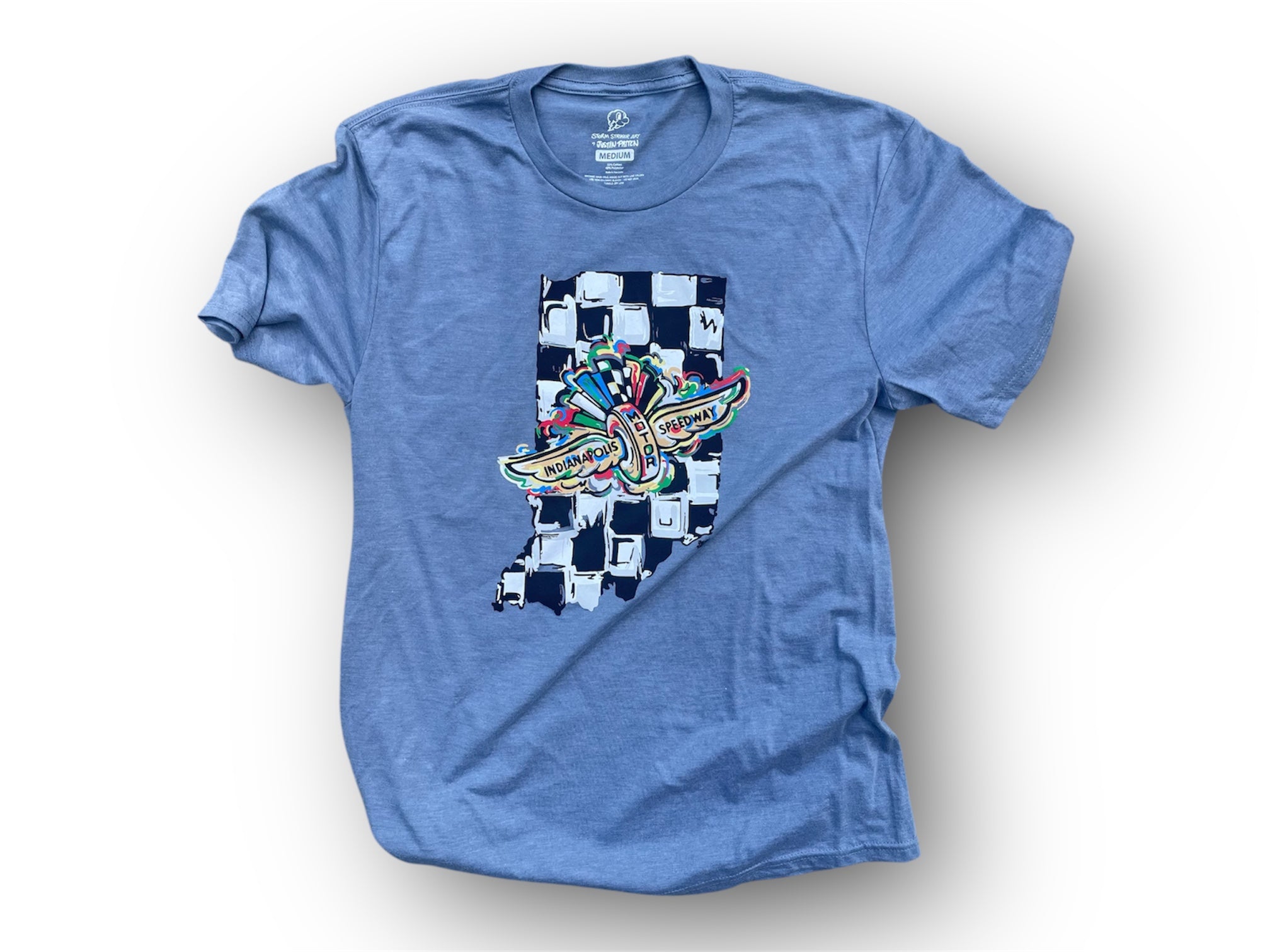 Indianapolis Motor Speedway Indiana Shape Wing and Wheel Tee by Justin Patten (Flint Blue)(IMS, Indy 500, Pagoda, Wing and Wheel)