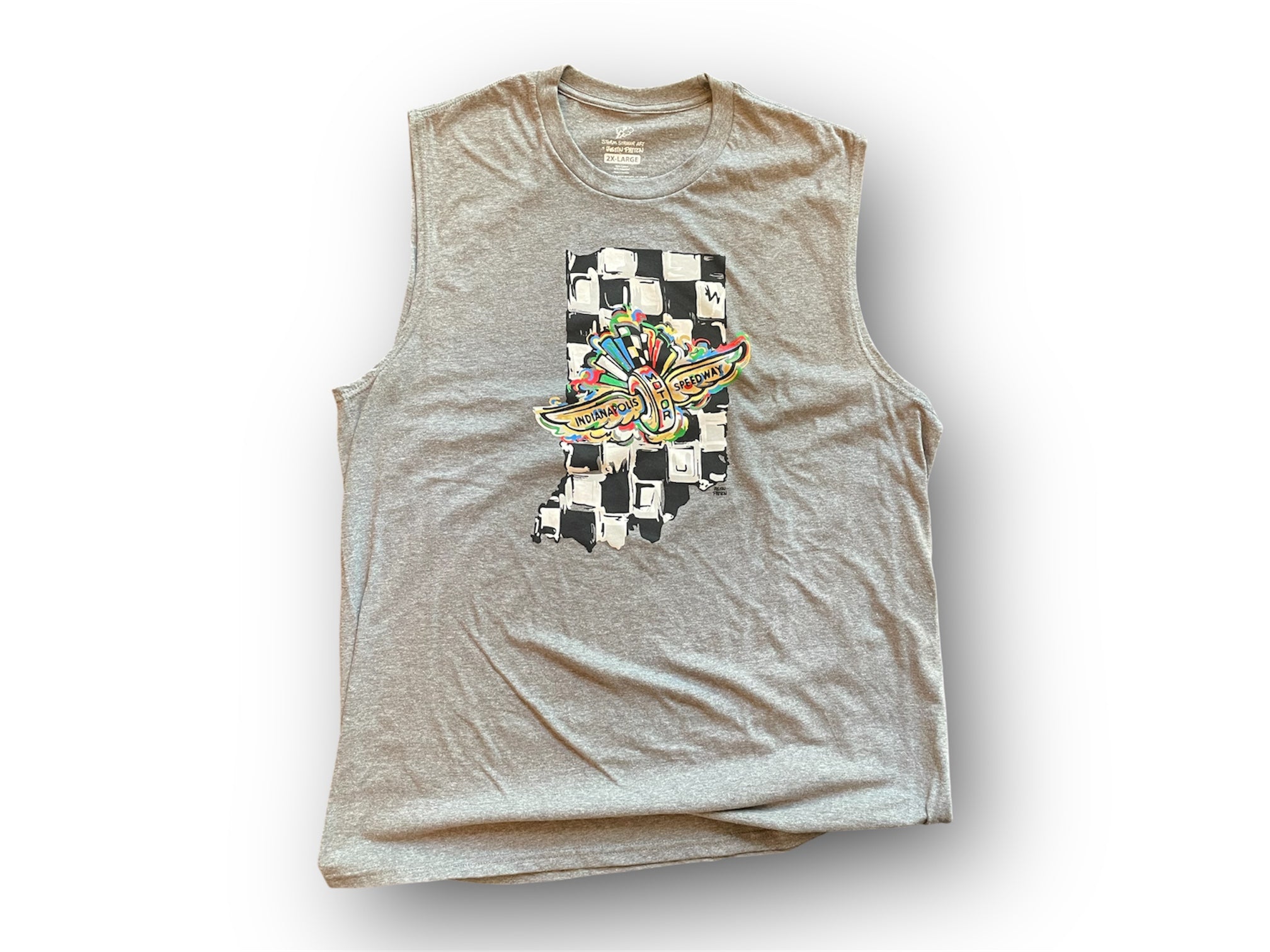 Indianapolis Motor Speedway Indiana Shape Wing and Wheel Men's Muscle Tank by Justin Patten (Grey Frost)(IMS, Indy 500, Pagoda, Wing and Wheel)