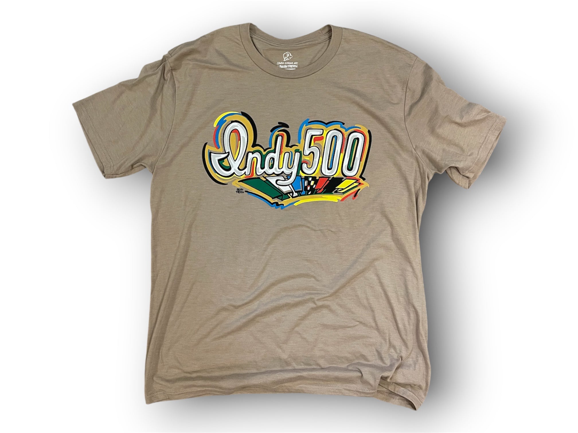 Indianapolis Motor Speedway Indy 500 Script Tee by Justin Patten (Desert Tan)(IMS, Indy 500, Pagoda, Wing and Wheel)