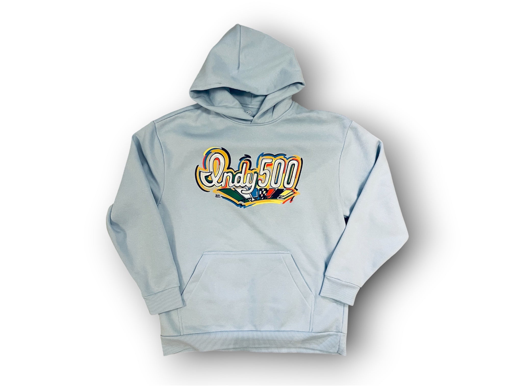 Indianapolis Motor Speedway Indy 500 Script Unisex Heavyweight Hoodie by Justin Patten (Ice Blue)