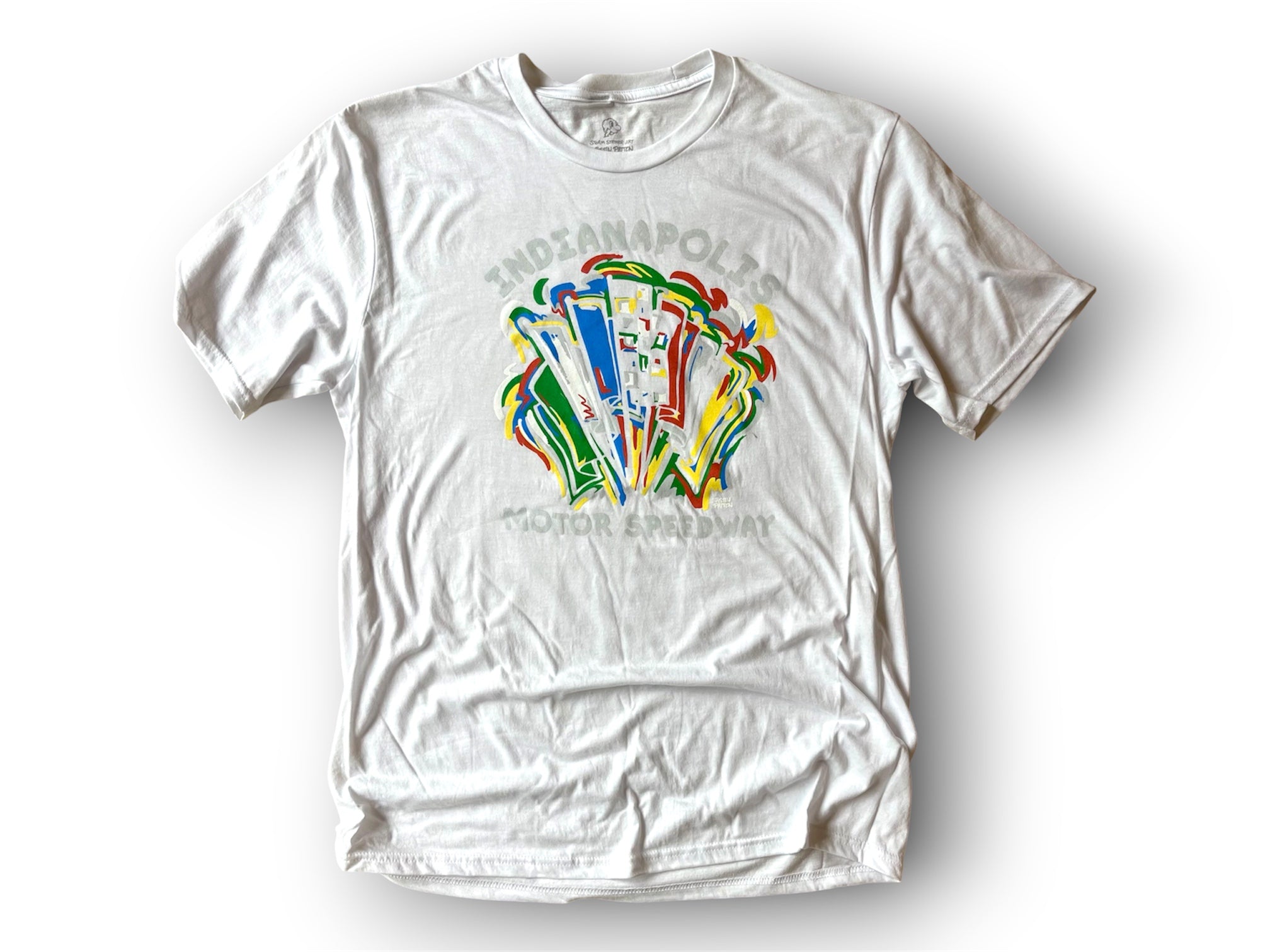 Indianapolis Motor Speedway Racing Flags Tee by Justin Patten (White)(IMS, Indy 500, Pagoda, Wing and Wheel) (Copy)