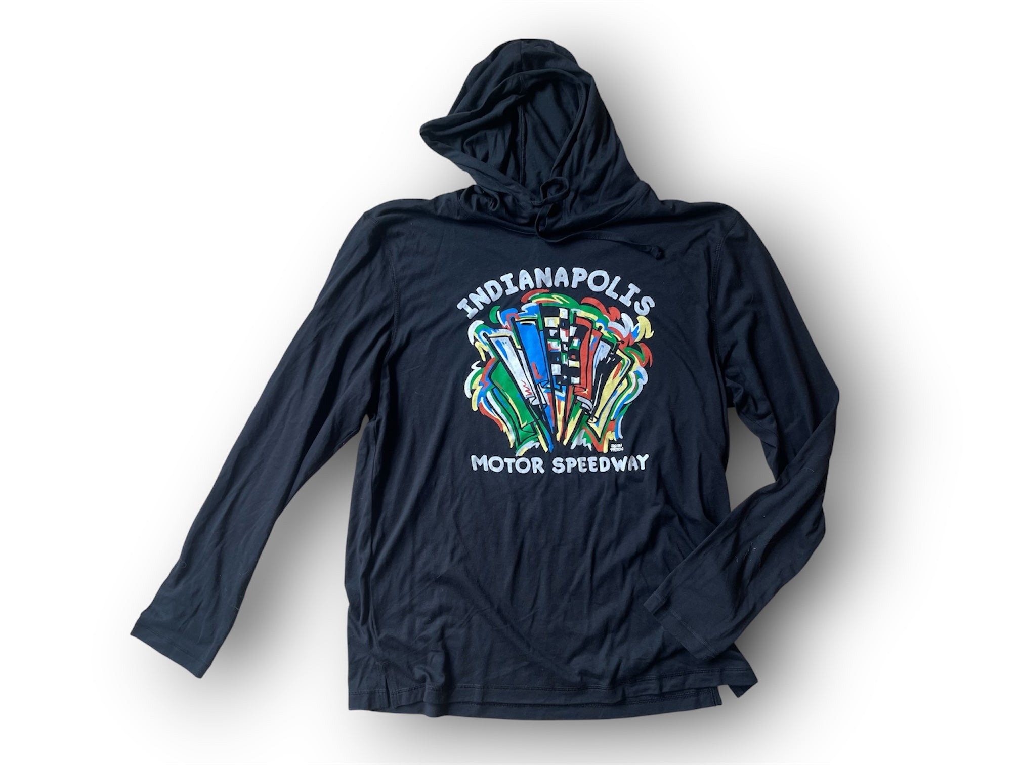 Indianapolis Motor Speedway Racing Flags Long Sleeve Hooded Tee by Justin Patten (IMS, Indy 500, Pagoda, Wing and Wheel)