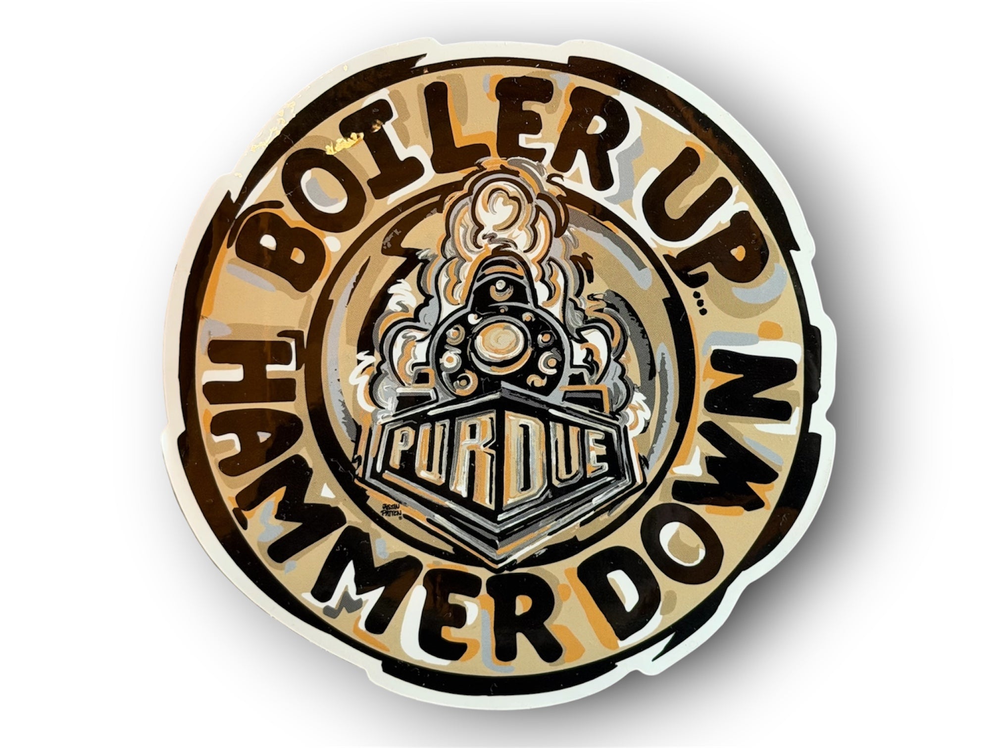Purdue University Boilermaker Special Boiler Up Hammer Down Vinyl 4.5"x4.5" Sticker by Justin Patten (Purdue Pete, Purdue Train)