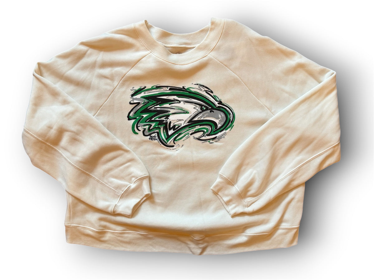 Women's vintage white cropped crew sweatshirt with green-and-black eagle graphic front