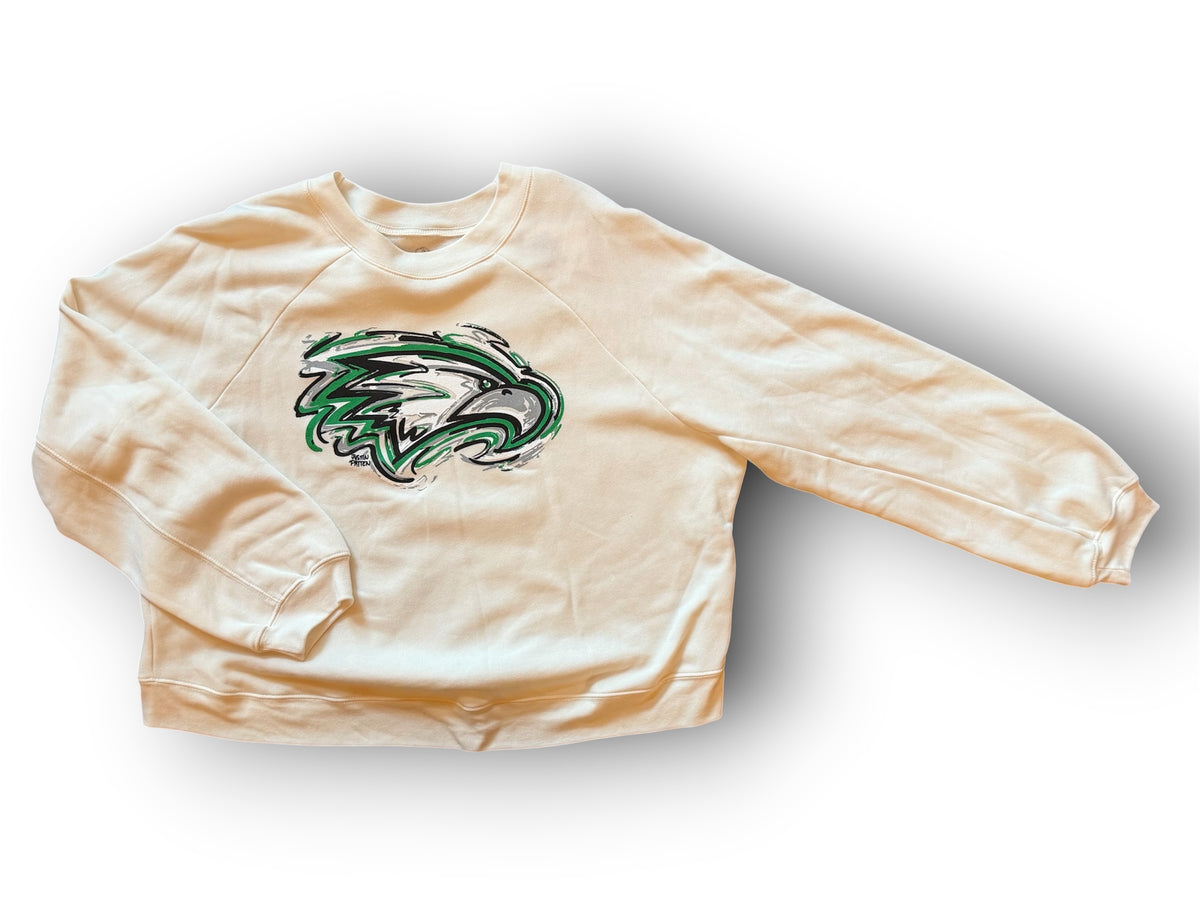 Women's vintage white cropped crew sweatshirt, side view, with front eagle graphic