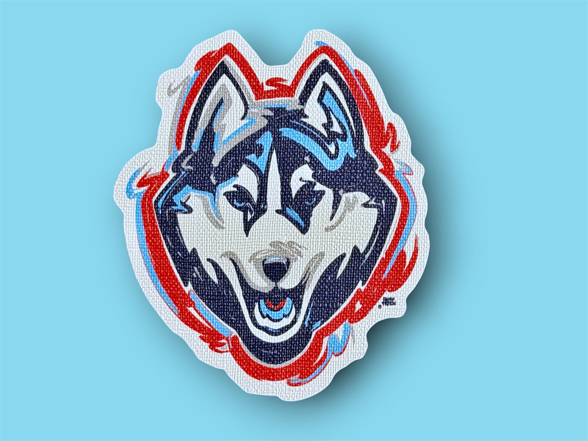 Die-cut UConn husky mascot durable sticker, blue-and-gray face with red/white border