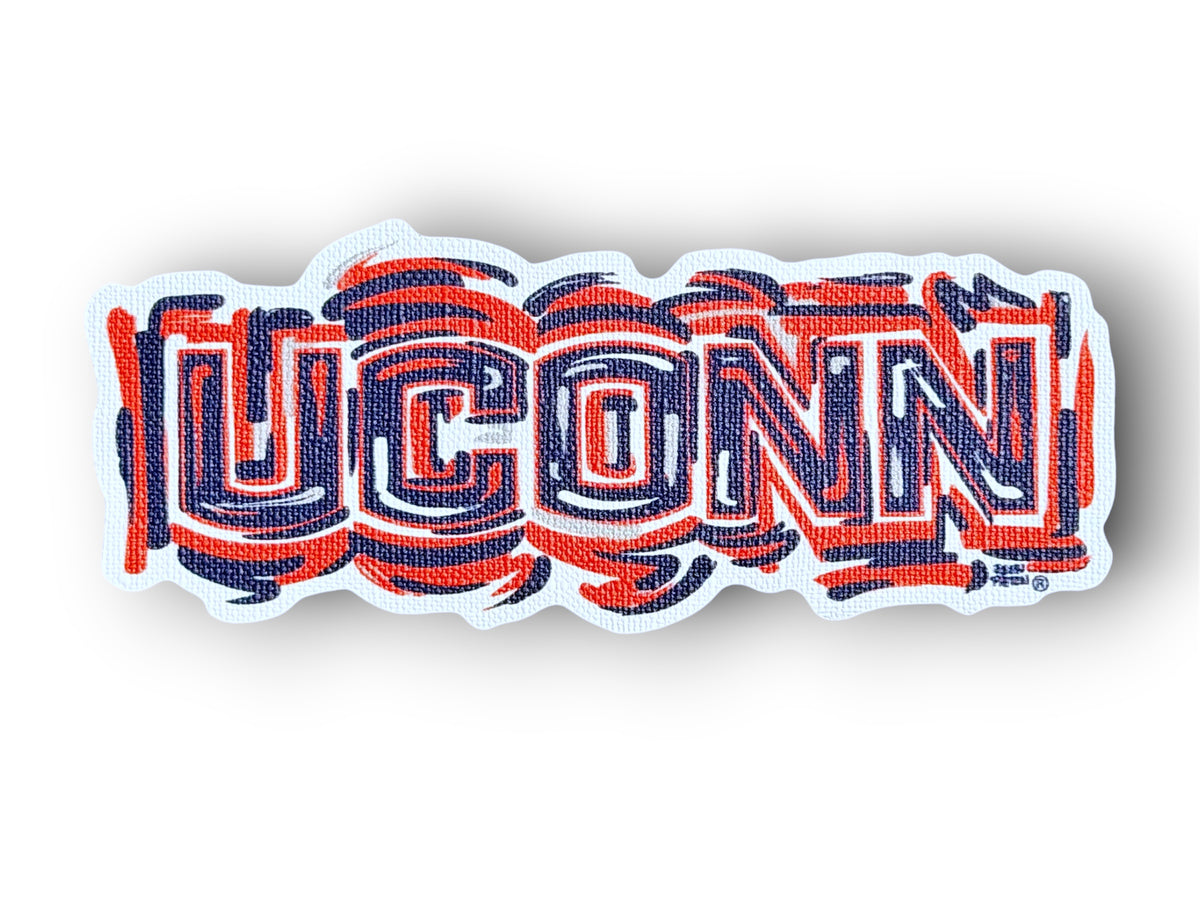 UCONN text die-cut durable sticker with red and blue varsity letters.