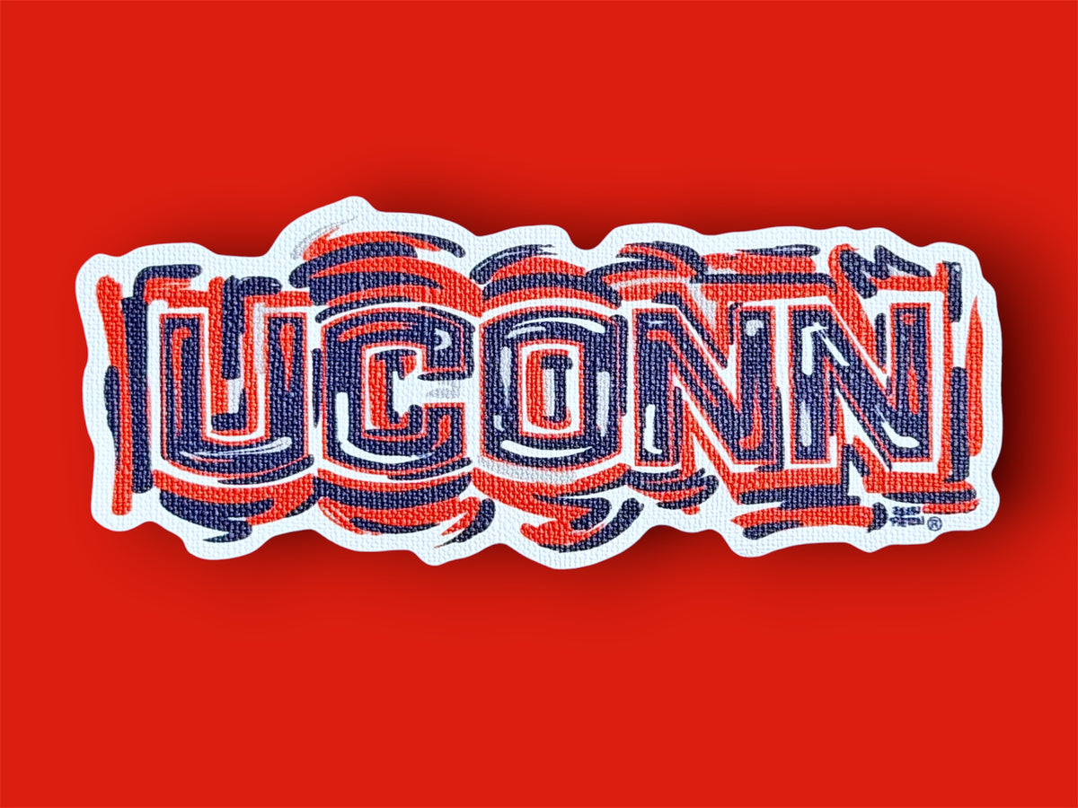 Die-cut UCONN lettering sticker in red, white, and navy blue with outlined texture.