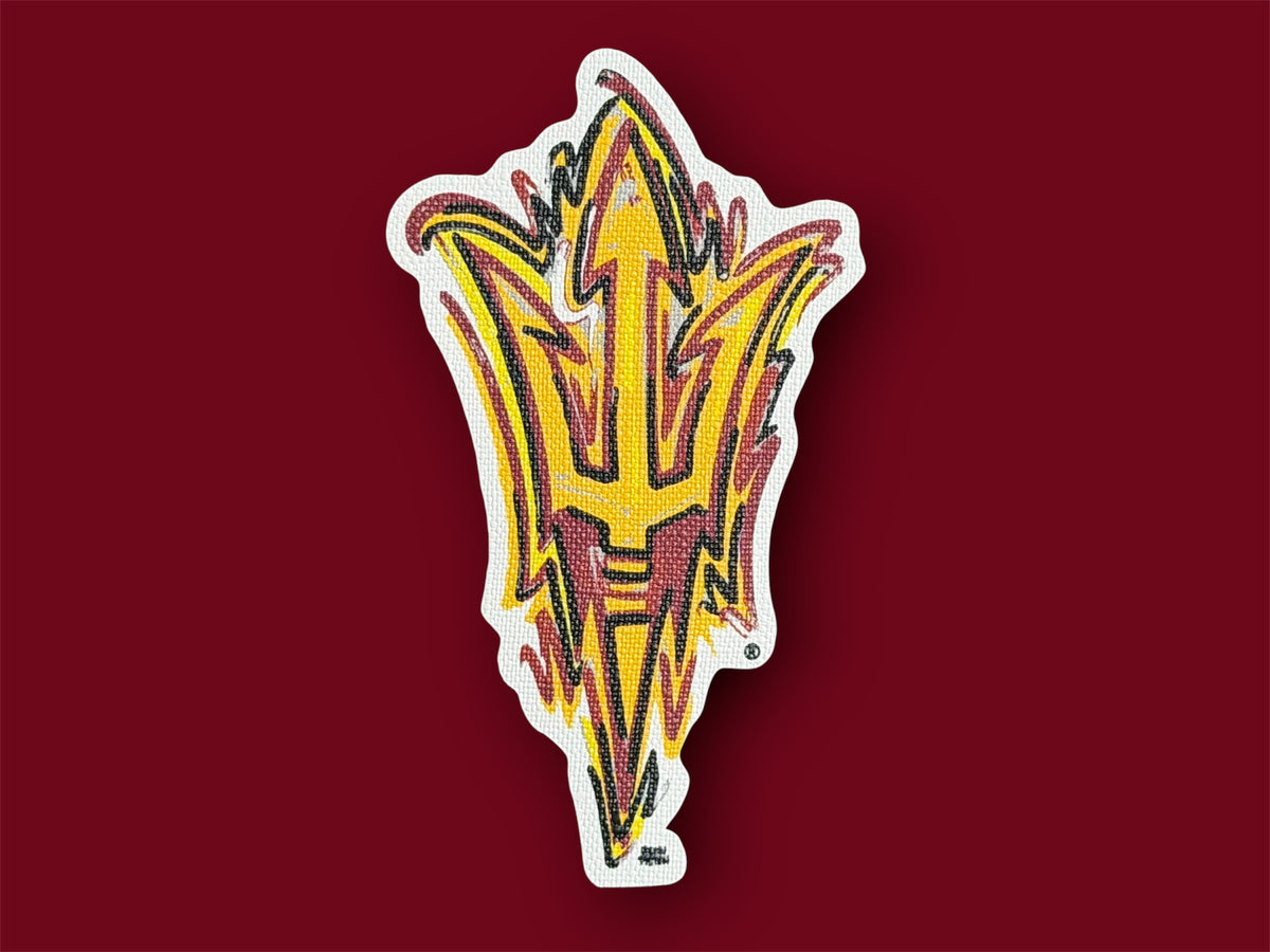 ASU Sun Devil head sticker with three-tone flame and white border