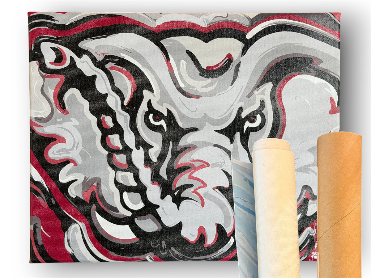 Rolled 20in x 16in canvas print with Alabama mascot face in crimson, black, and white